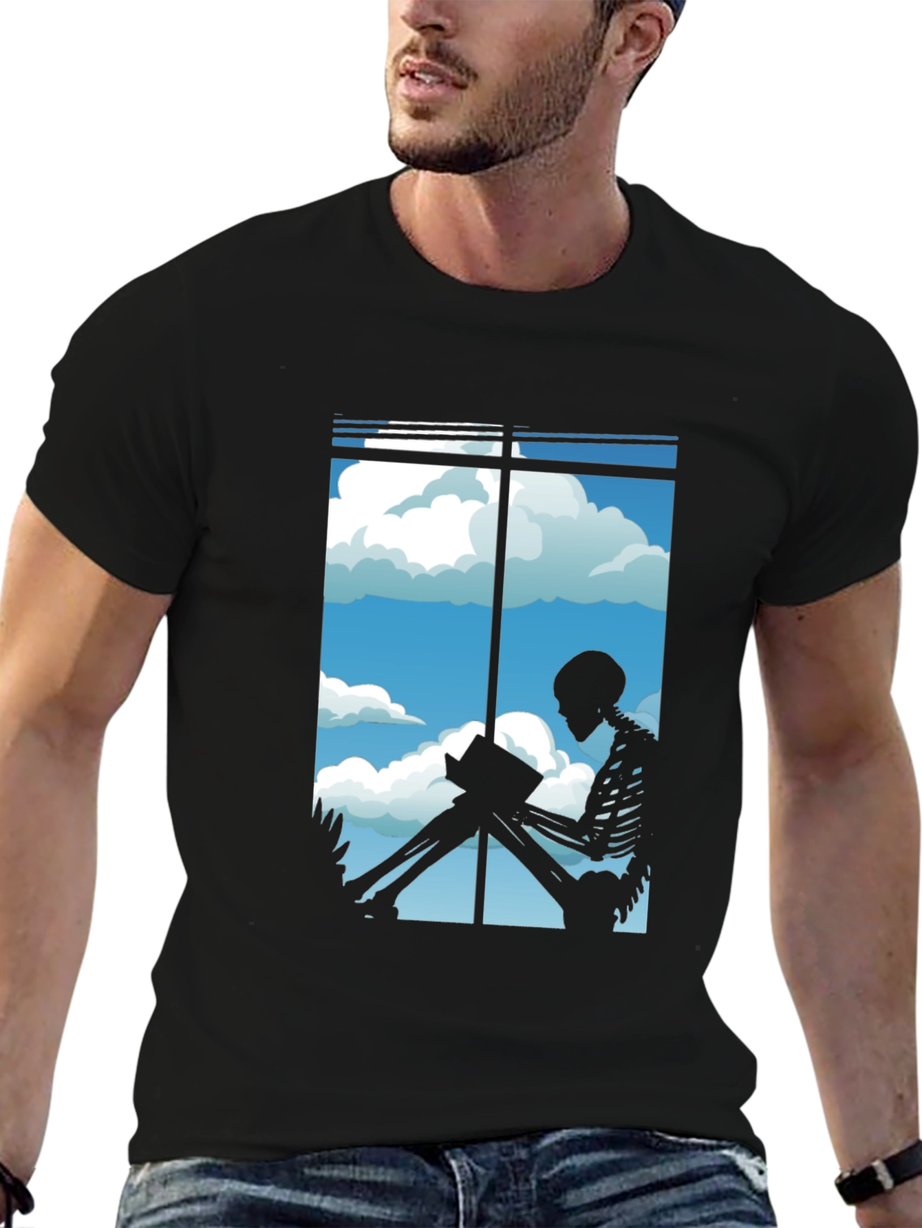 Skeleton Reader Black Tee - Window View