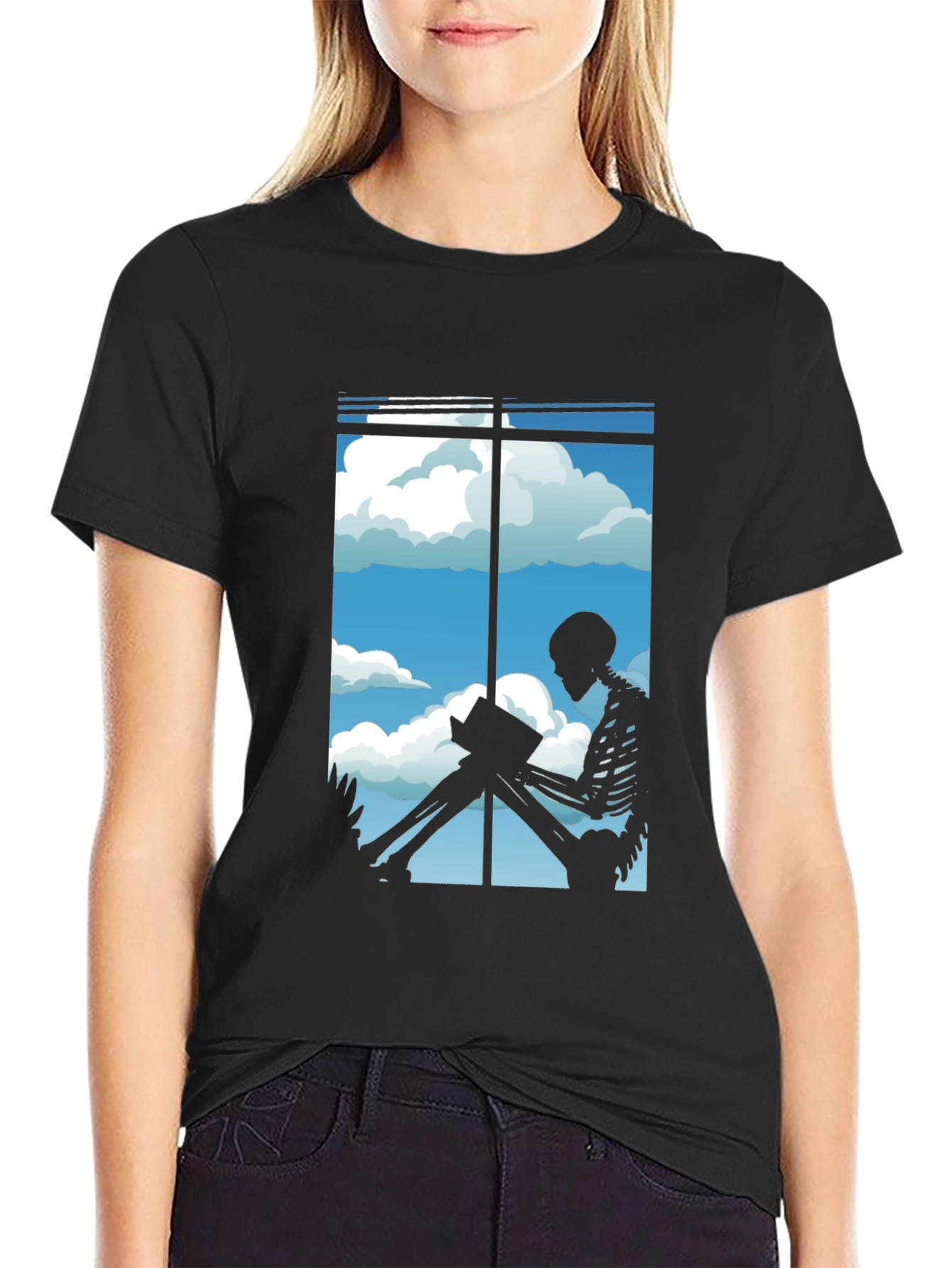 Skeleton Reader Black Tee - Window View
