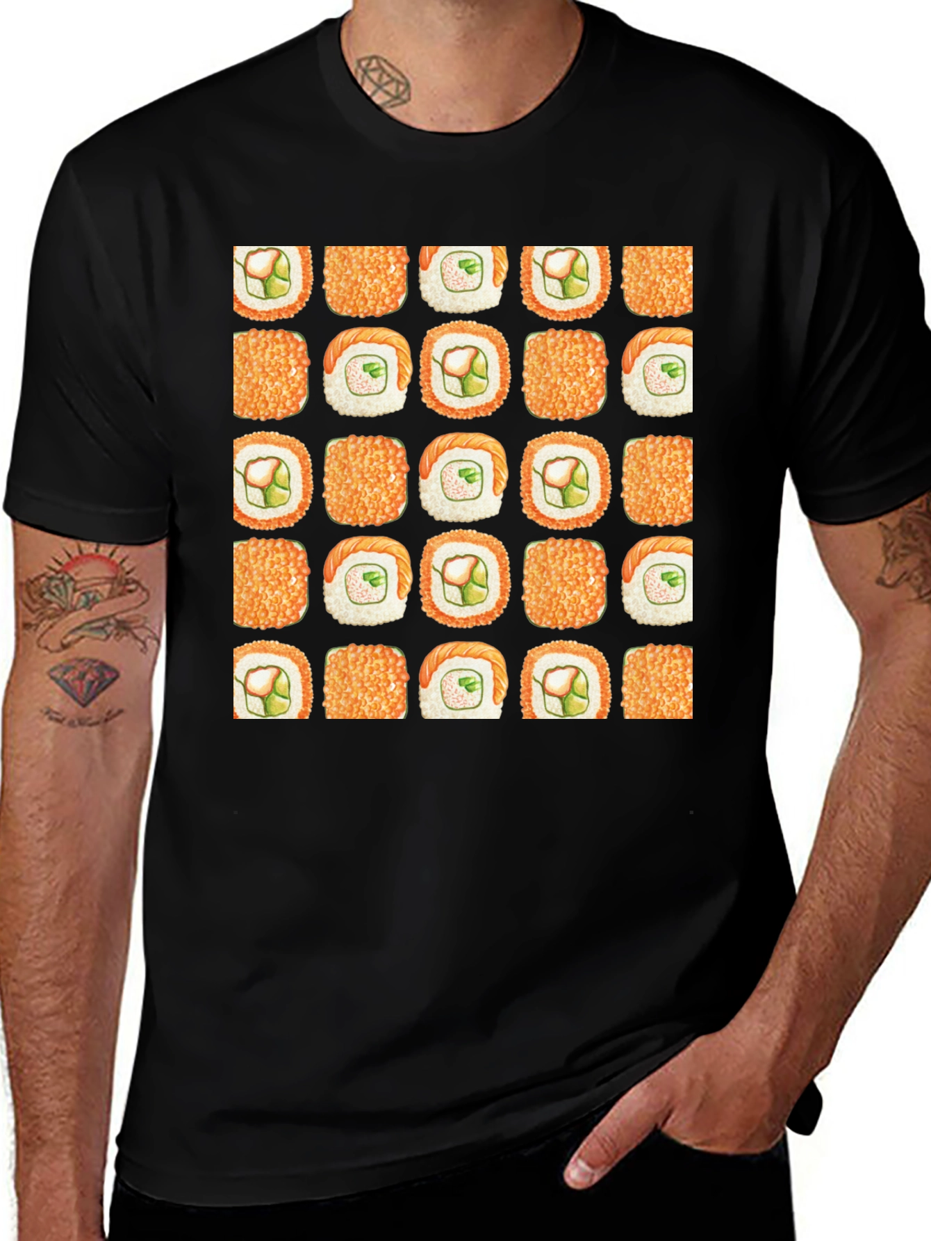 Sushi Pattern Black T-Shirt
