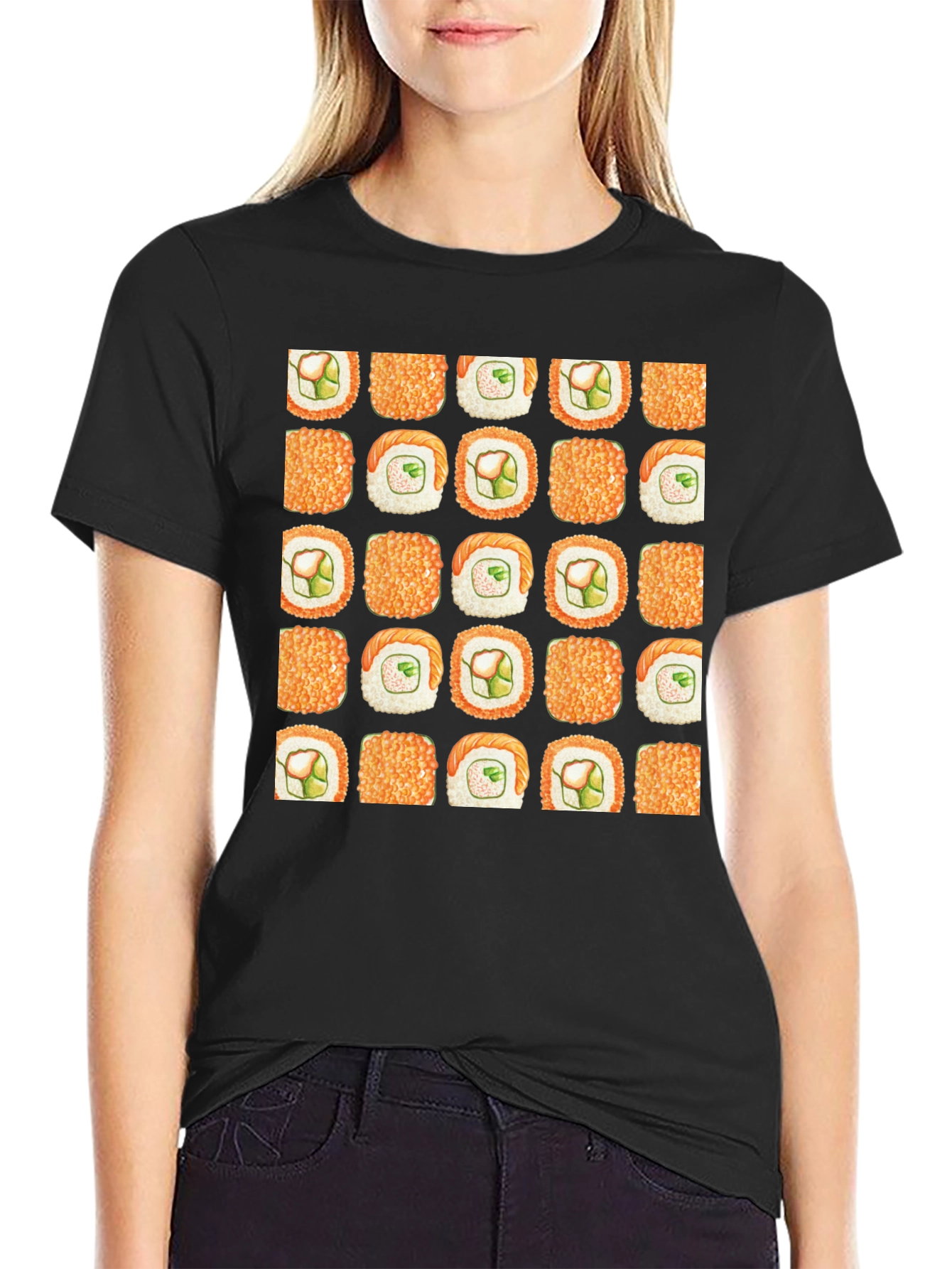 Sushi Pattern Black T-Shirt