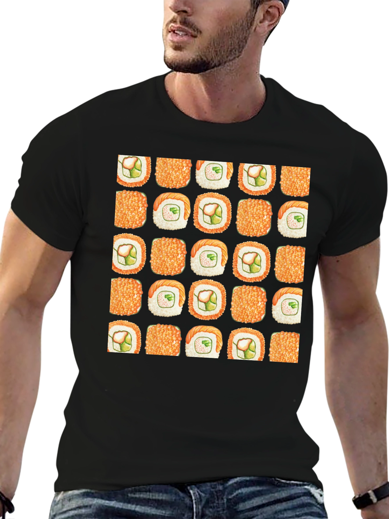 Sushi Pattern Black T-Shirt