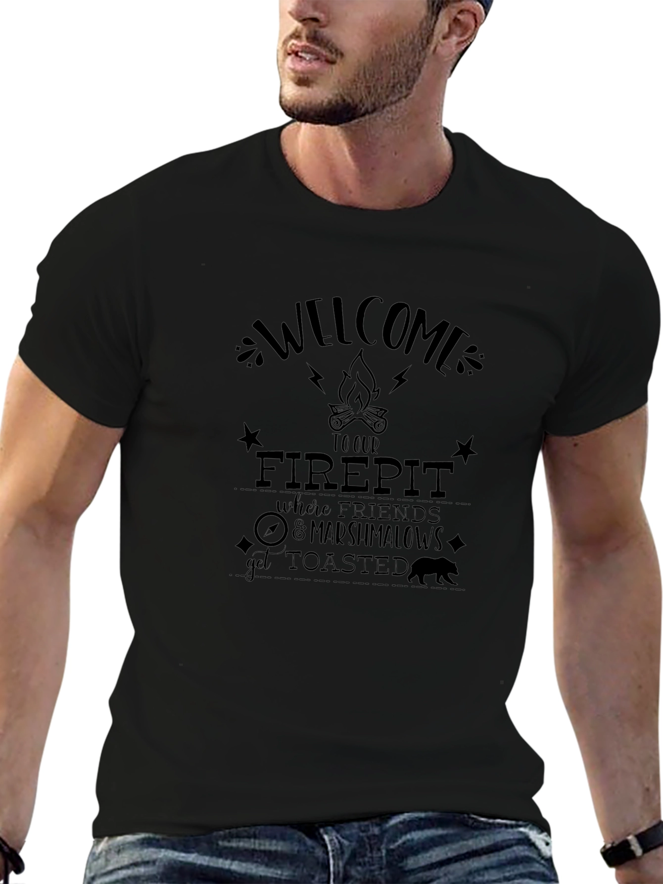 Welcome to Our Firepit Black Graphic T-Shirt