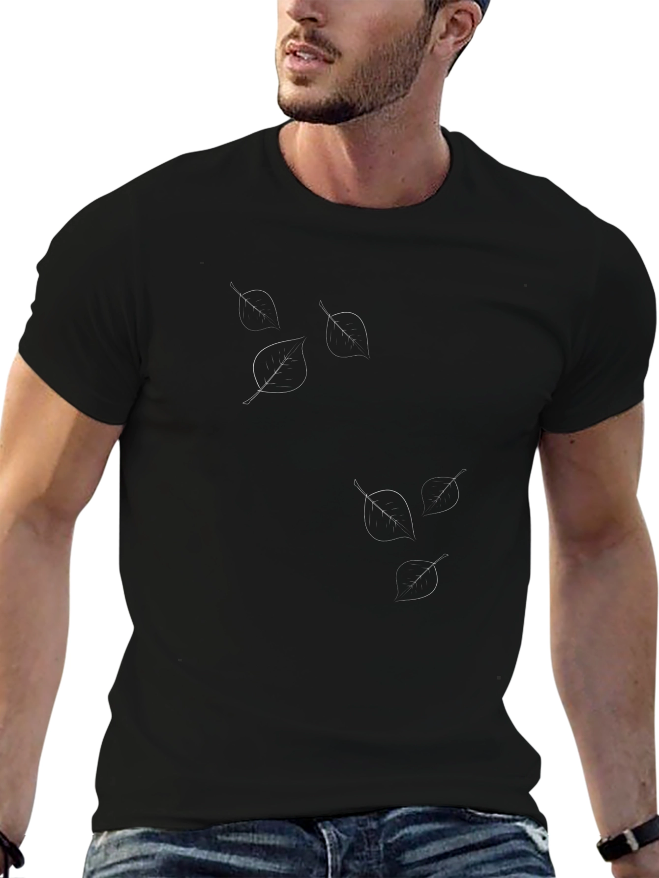 Mens Black Graphic Tee with Subtle Leaf Design