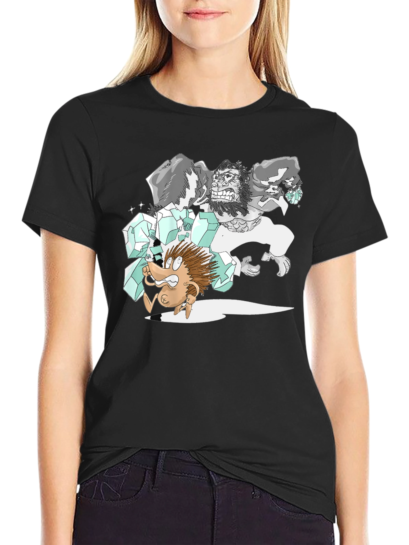 Cartoon Gorilla Graphic Tee - Black Cotton T-Shirt