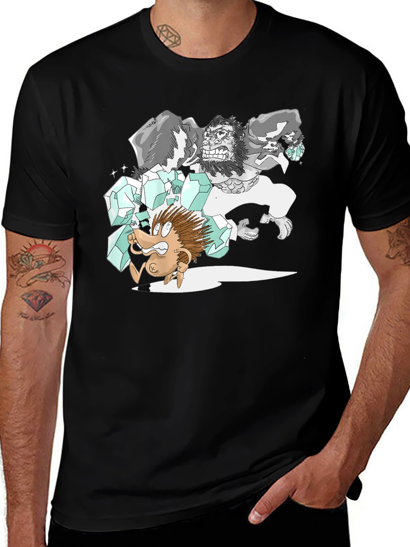 Cartoon Gorilla Graphic Tee - Black Cotton T-Shirt