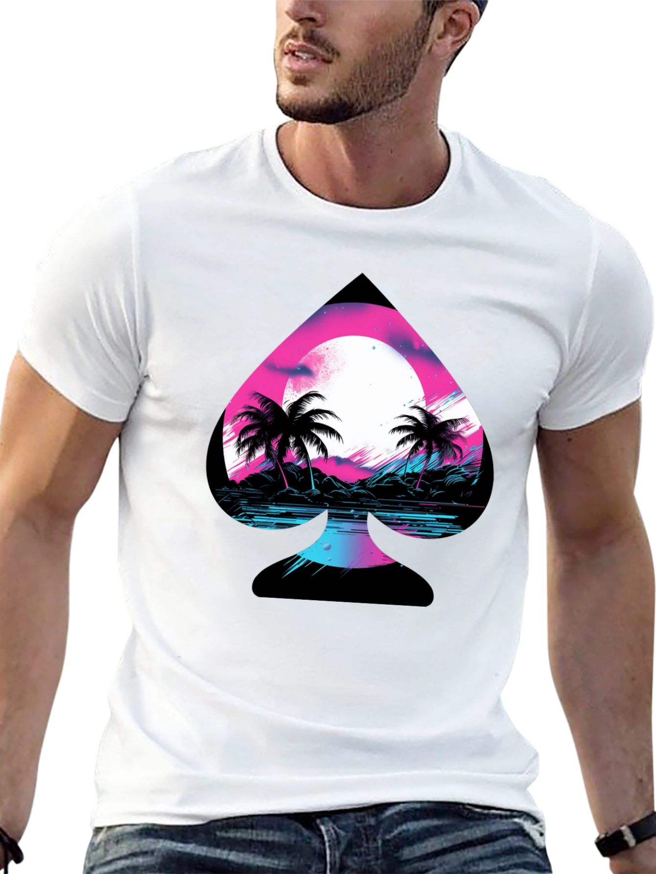 Retro Spade Graphic T-Shirt - Vaporwave Beach Design