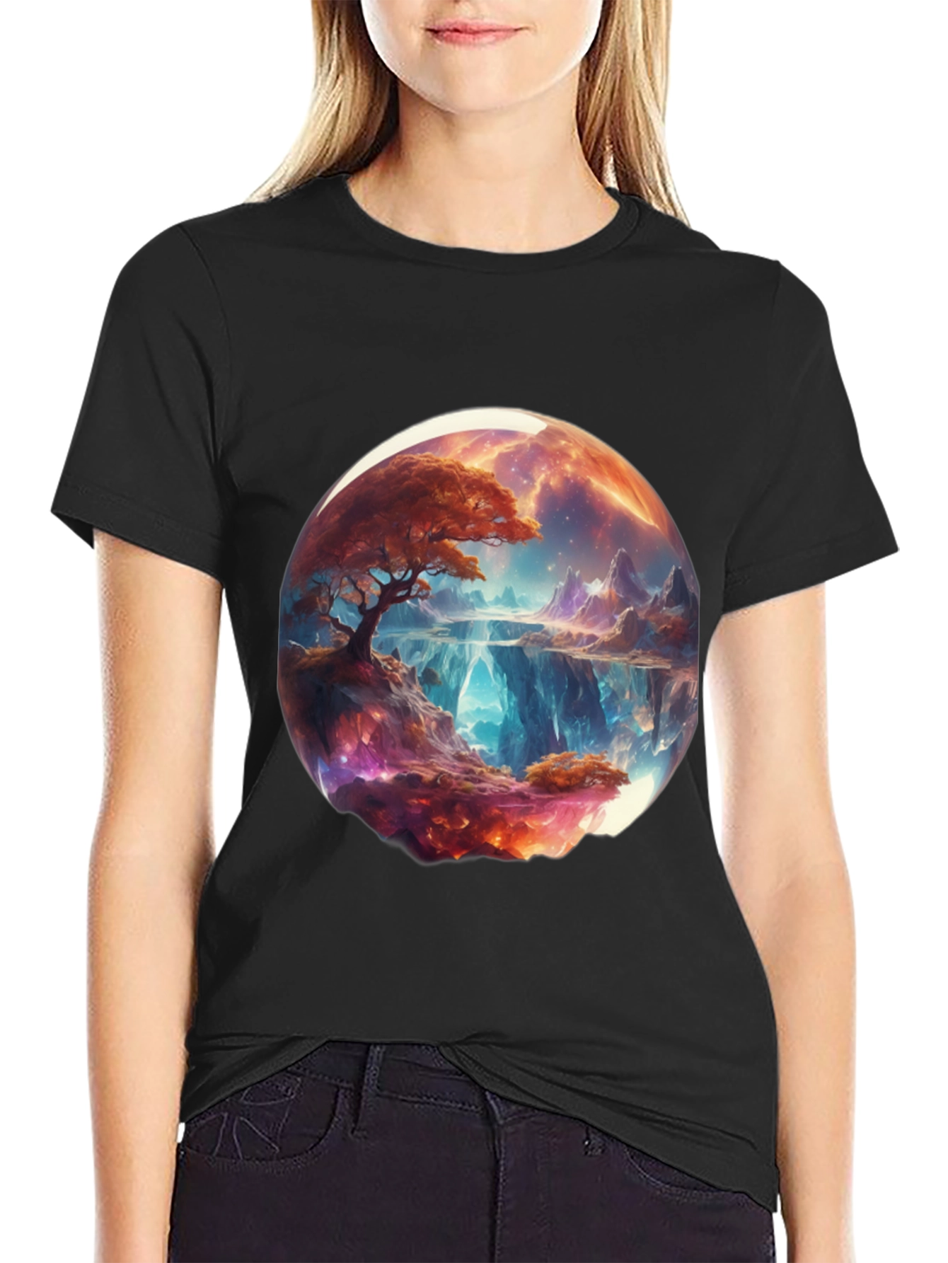 Fantasy Landscape Graphic Tee - Black Cotton Blend