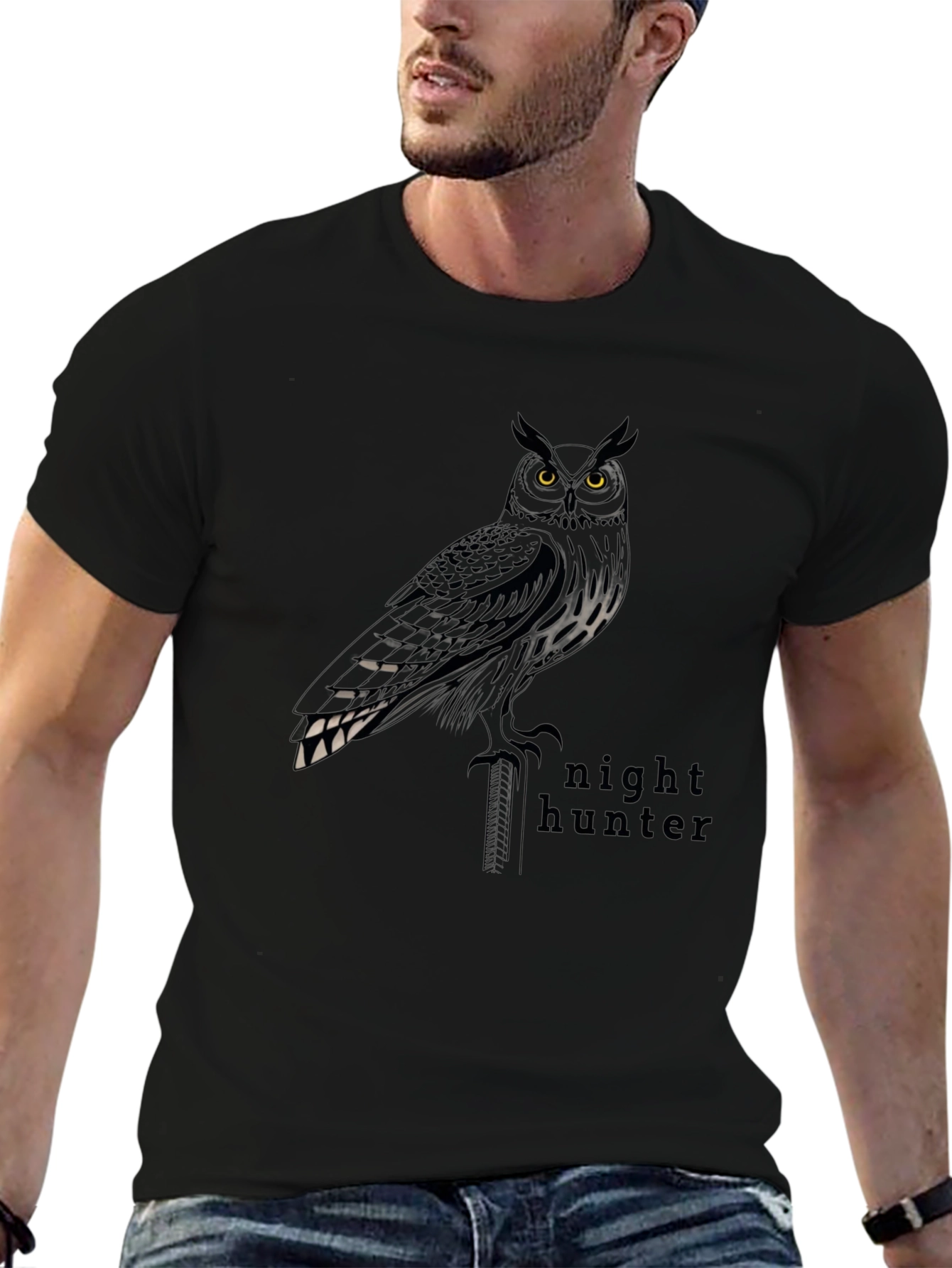 Night Hunter Owl Graphic T-Shirt - Mens Black Tee