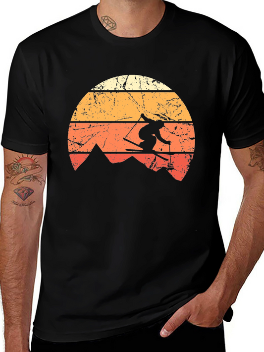 Retro Skiing T-Shirt - Vintage Mountain Sunset Design