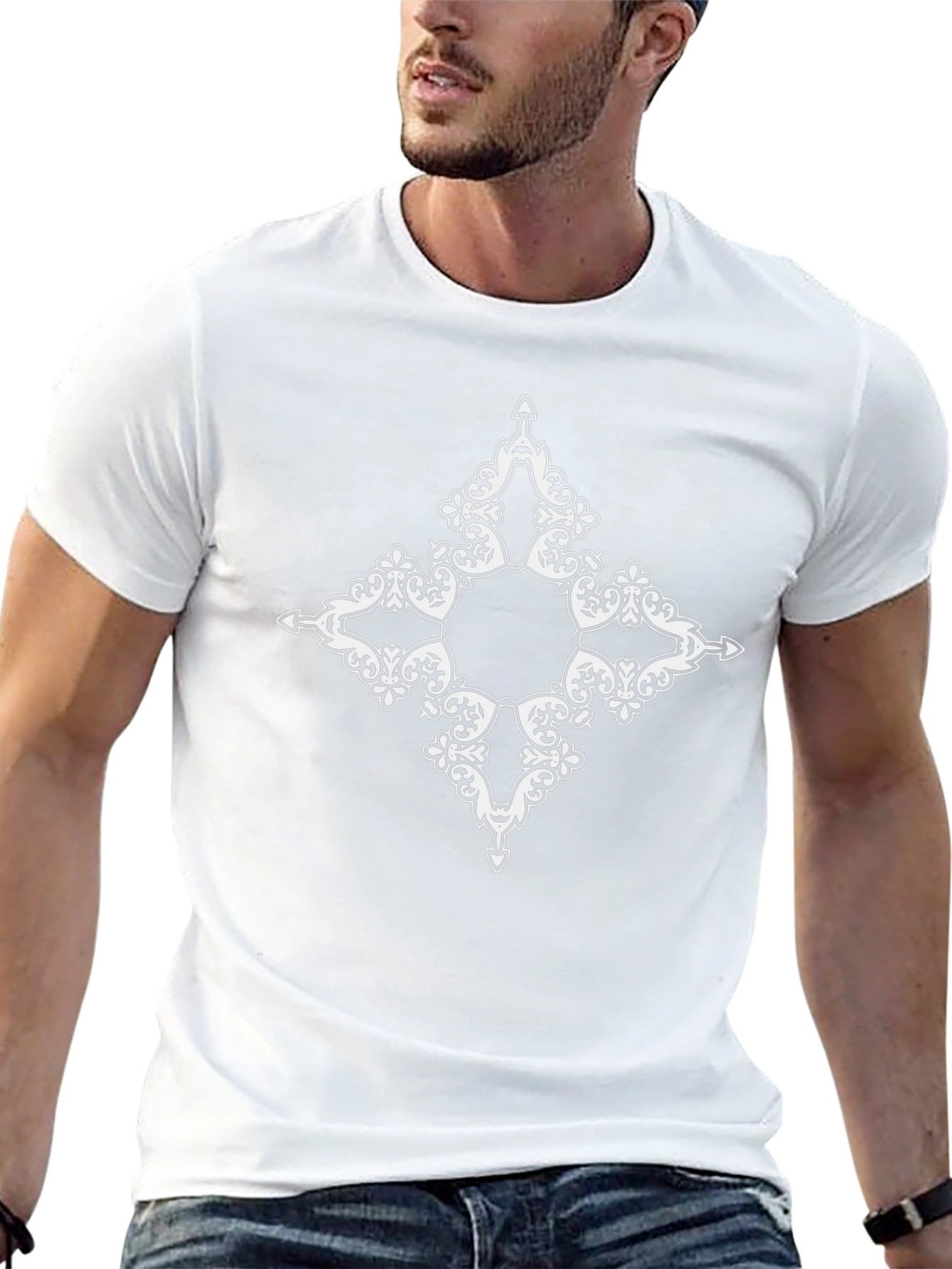 Mens Black T-Shirt with White Ornamental Diamond Design