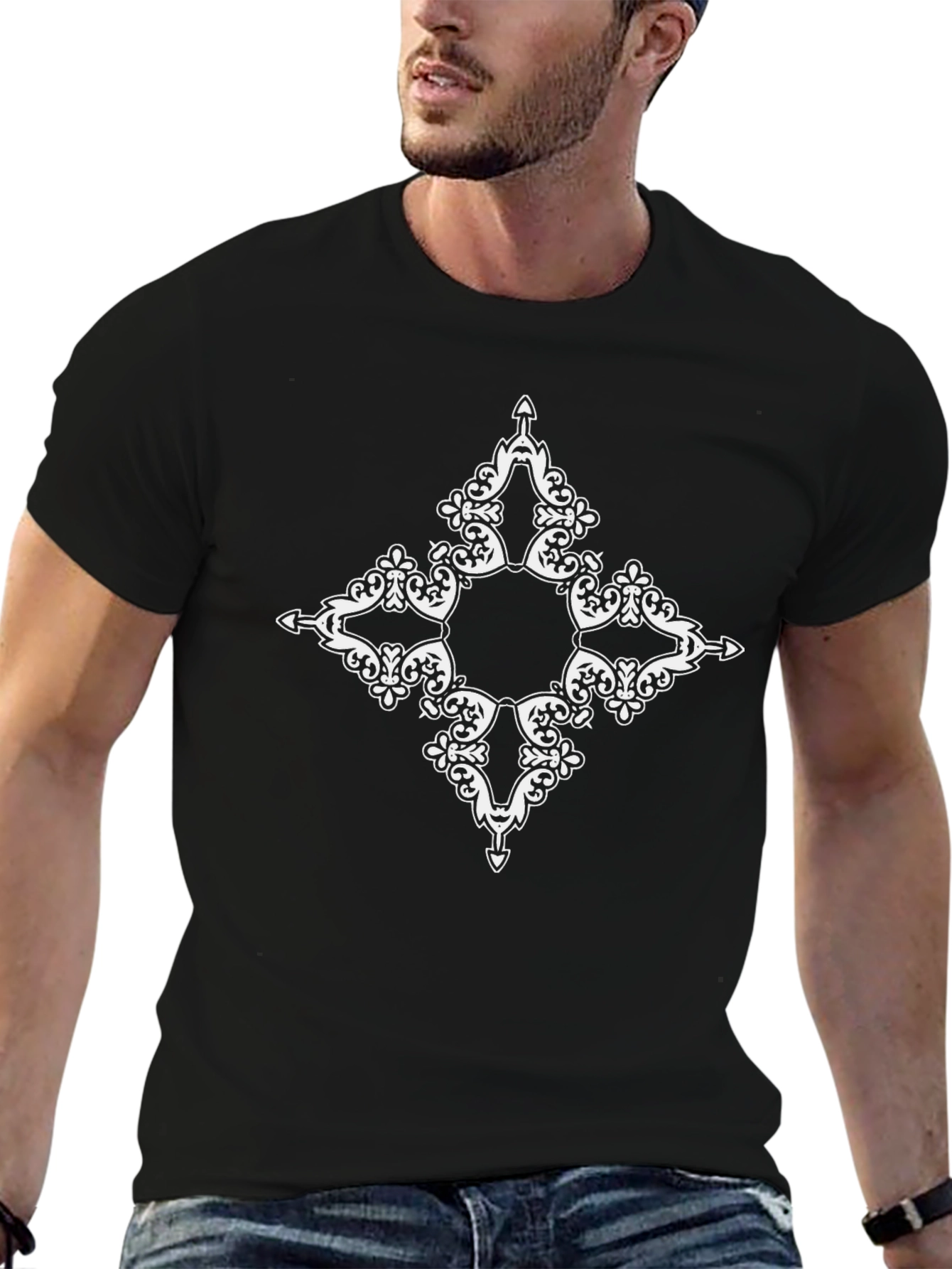 Mens Black T-Shirt with White Ornamental Diamond Design