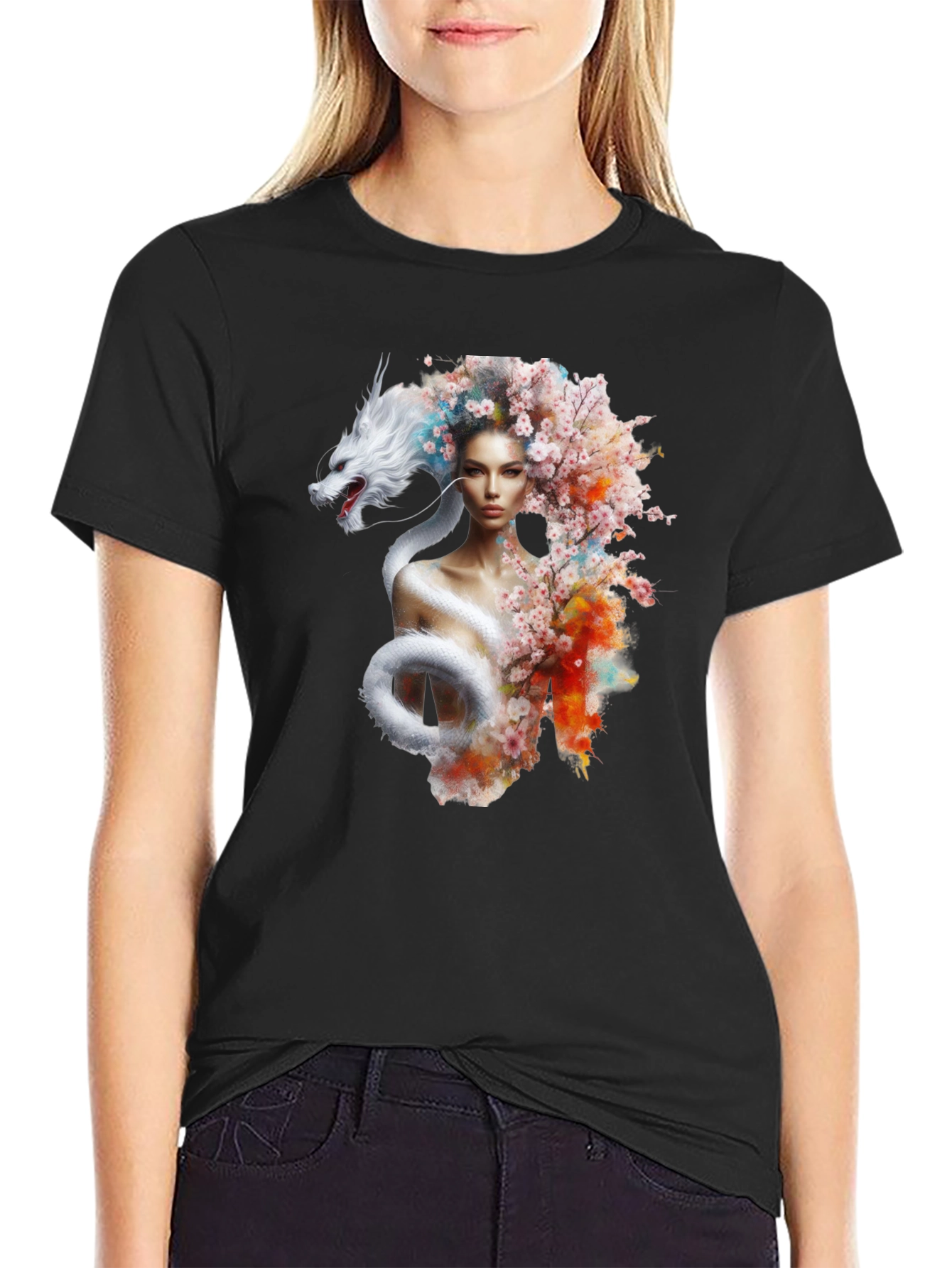 Dragon Woman Graphic Tee - Stylish Black T-Shirt