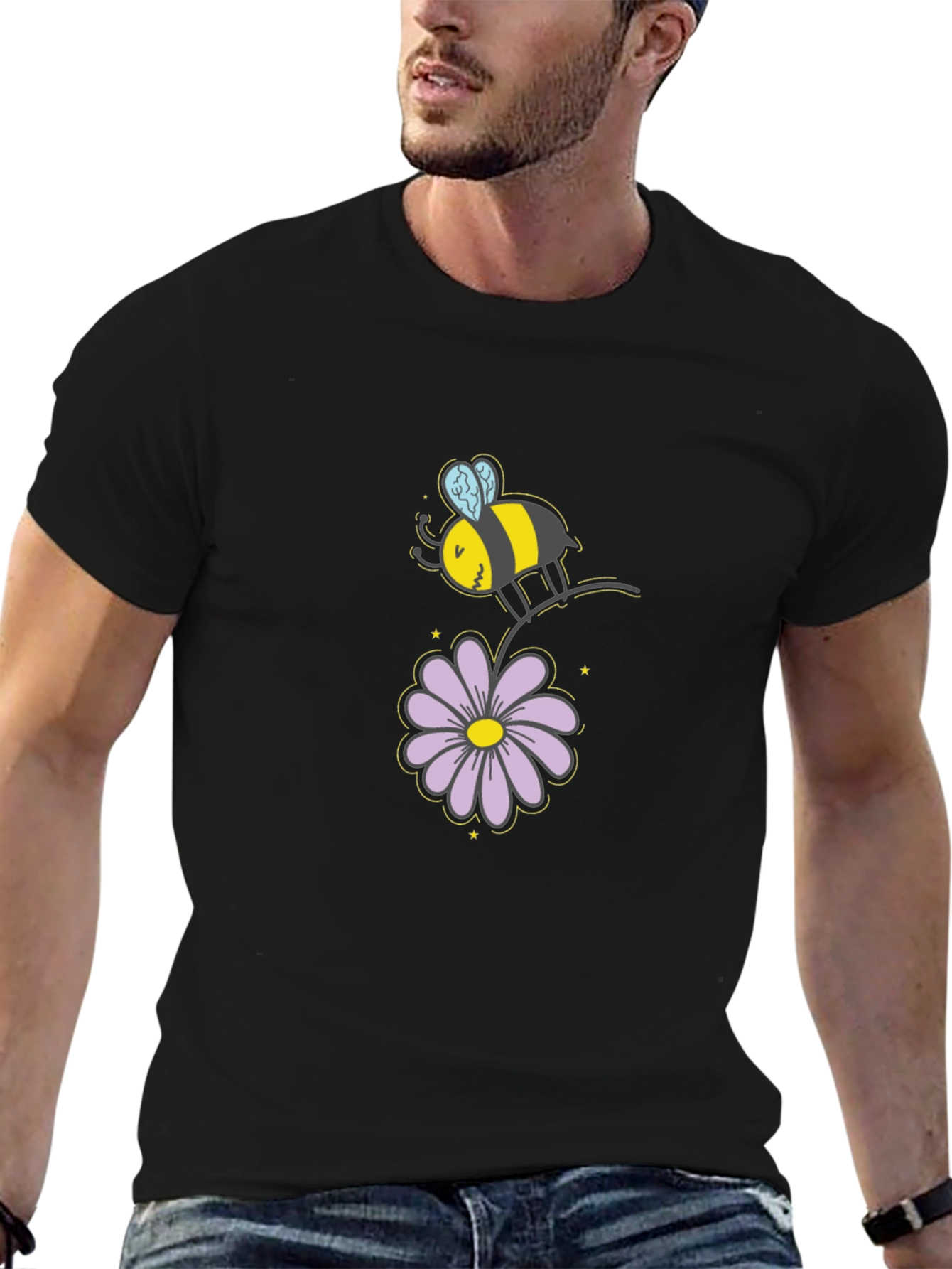 Bee and Flower Graphic T-Shirt - Black