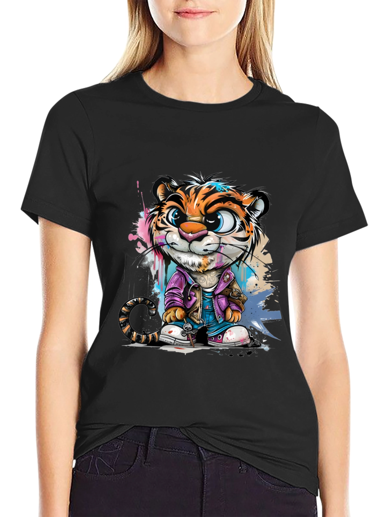 Cartoon Tiger Graphic Tee - Stylish Black T-Shirt