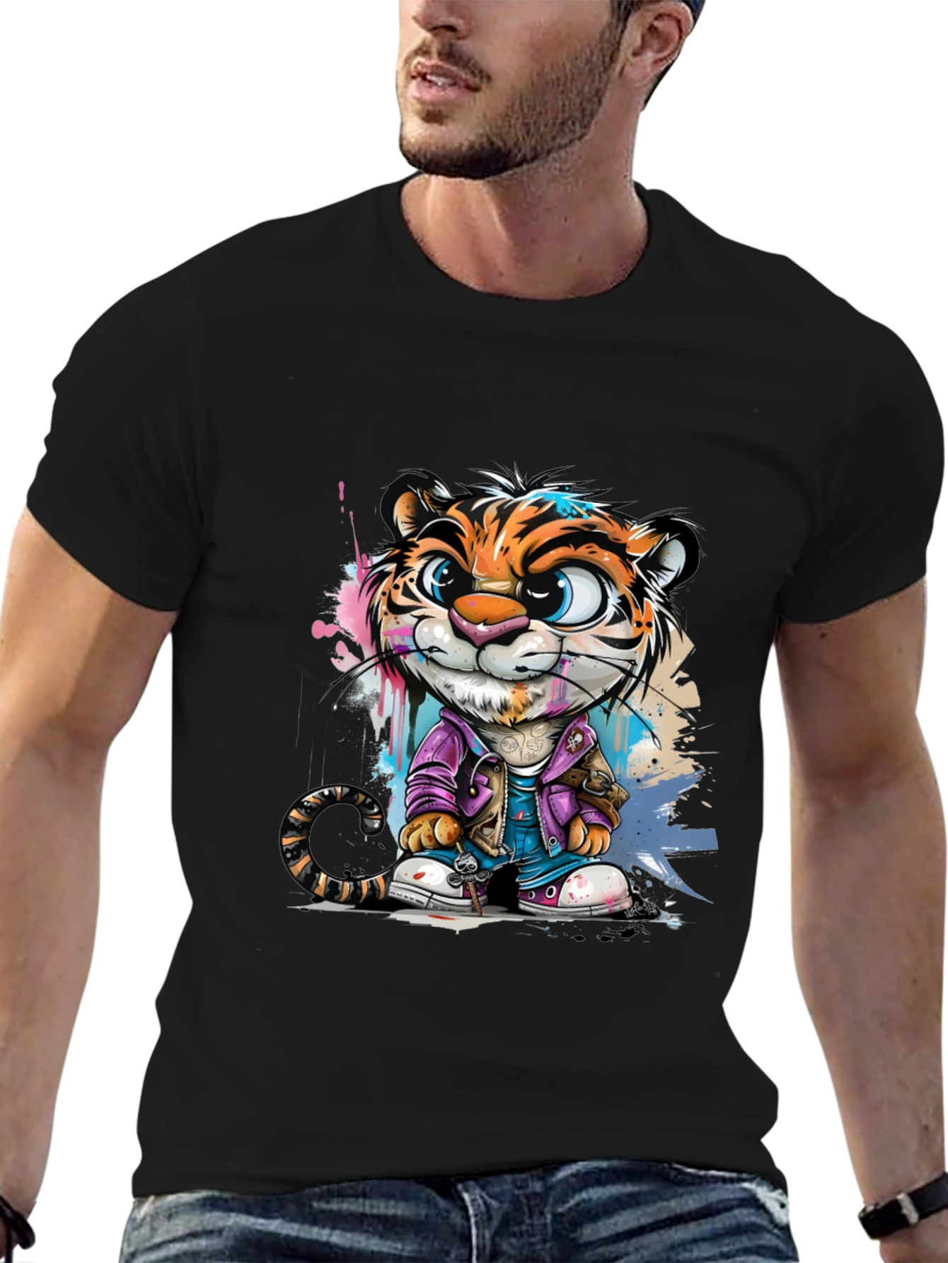 Cartoon Tiger Graphic Tee - Stylish Black T-Shirt