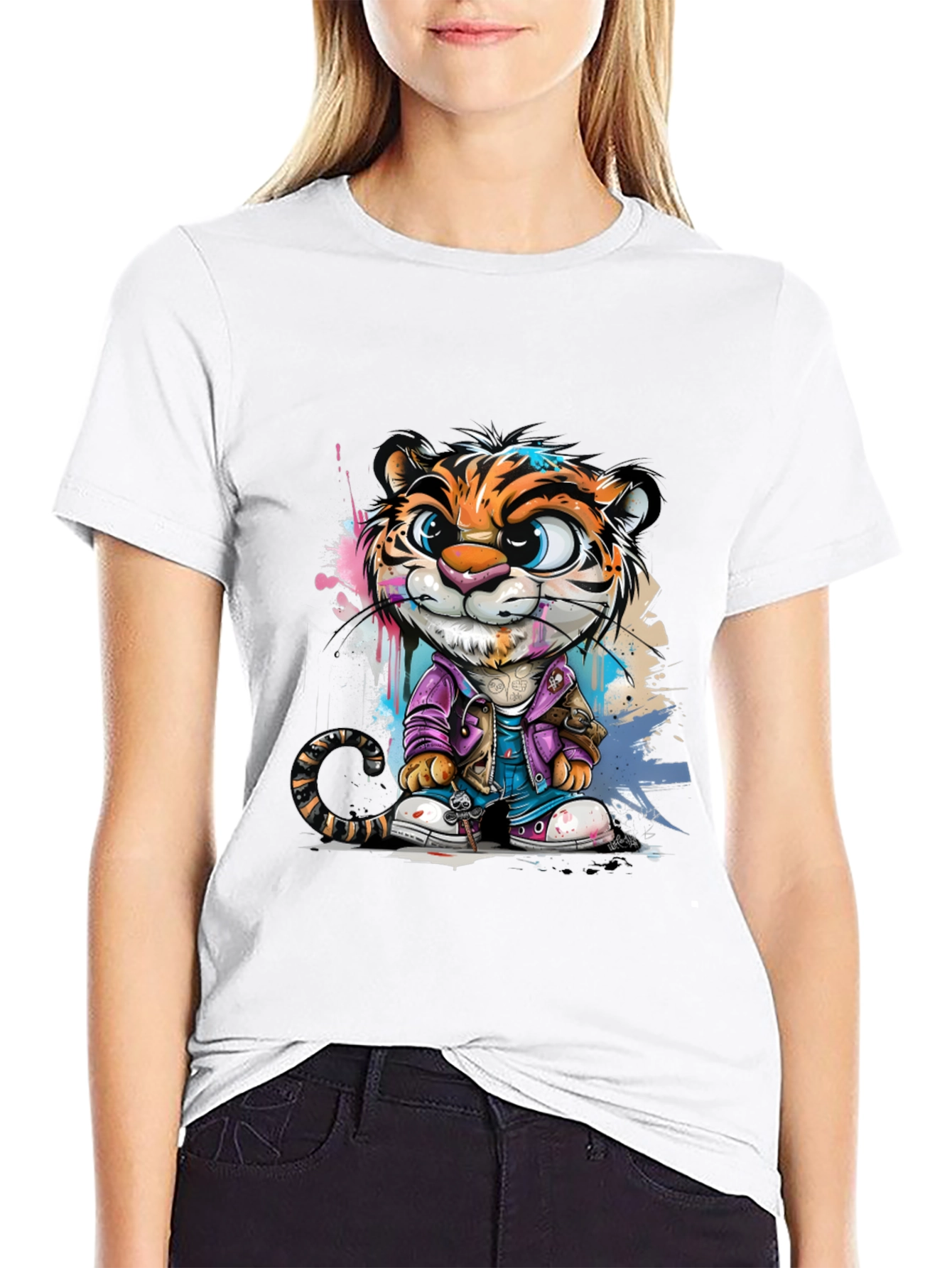 Cartoon Tiger Graphic Tee - Stylish Black T-Shirt