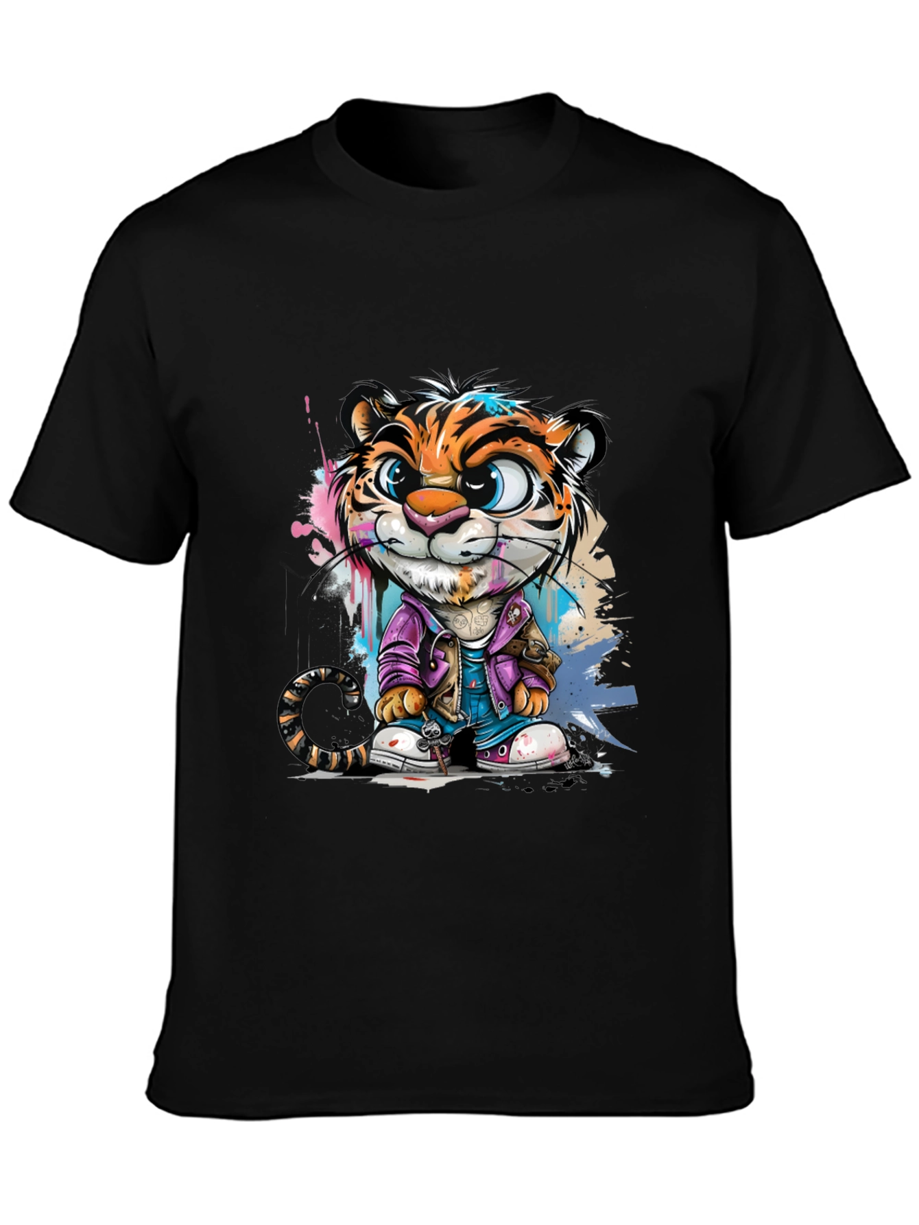 Cartoon Tiger Graphic Tee - Stylish Black T-Shirt