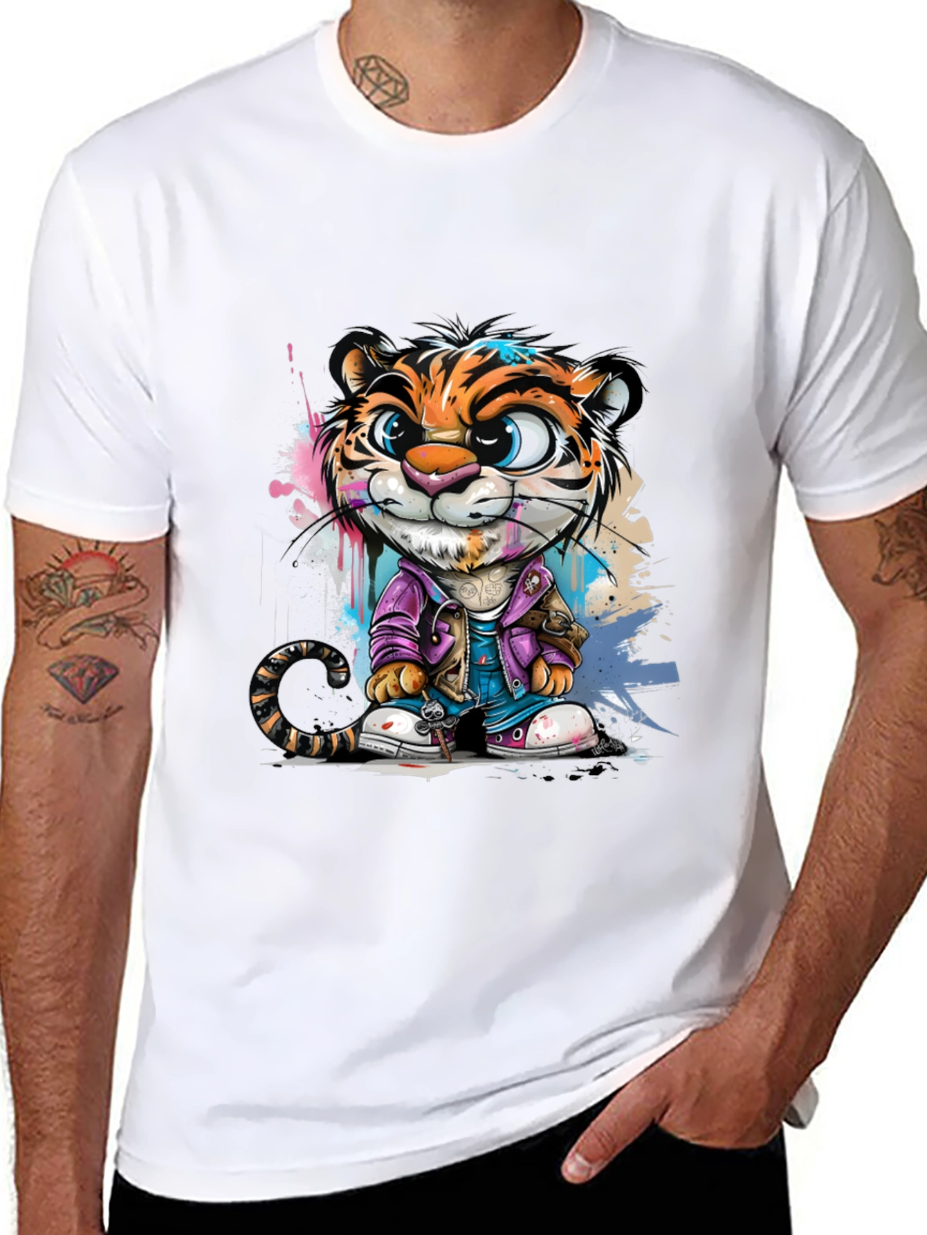 Cartoon Tiger Graphic Tee - Stylish Black T-Shirt