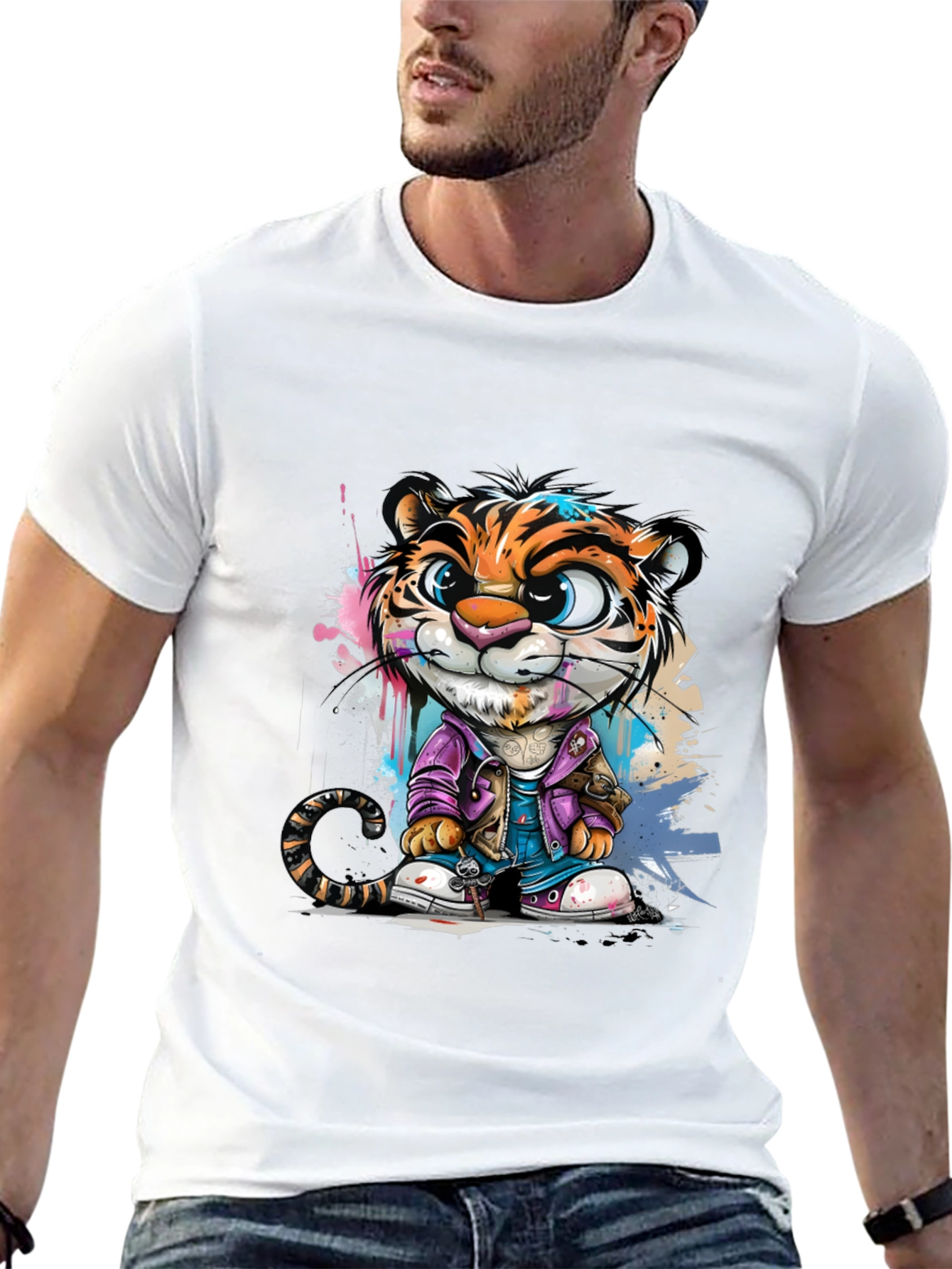 Cartoon Tiger Graphic Tee - Stylish Black T-Shirt