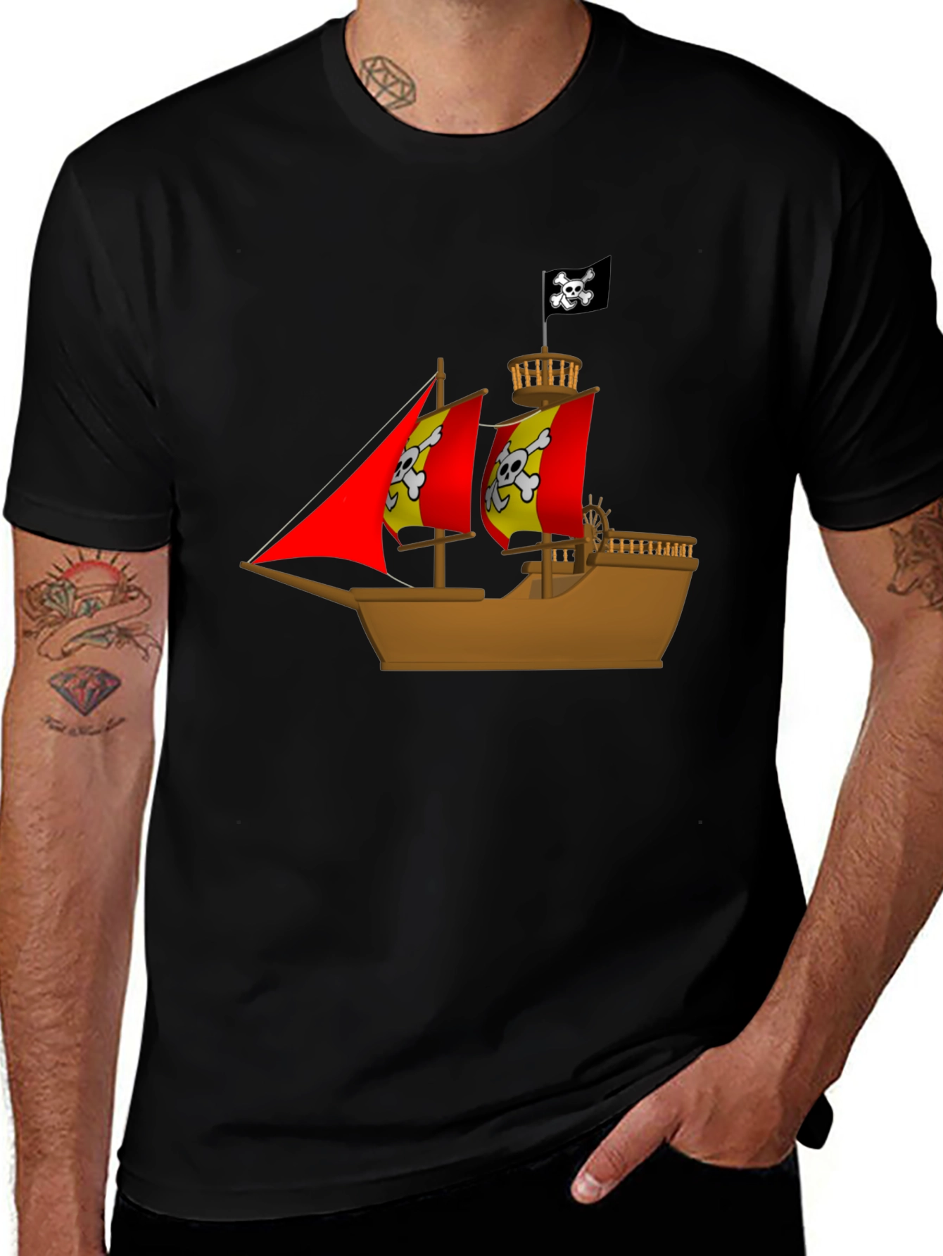 Pirate Ship Graphic T-Shirt - Black Cotton Tee