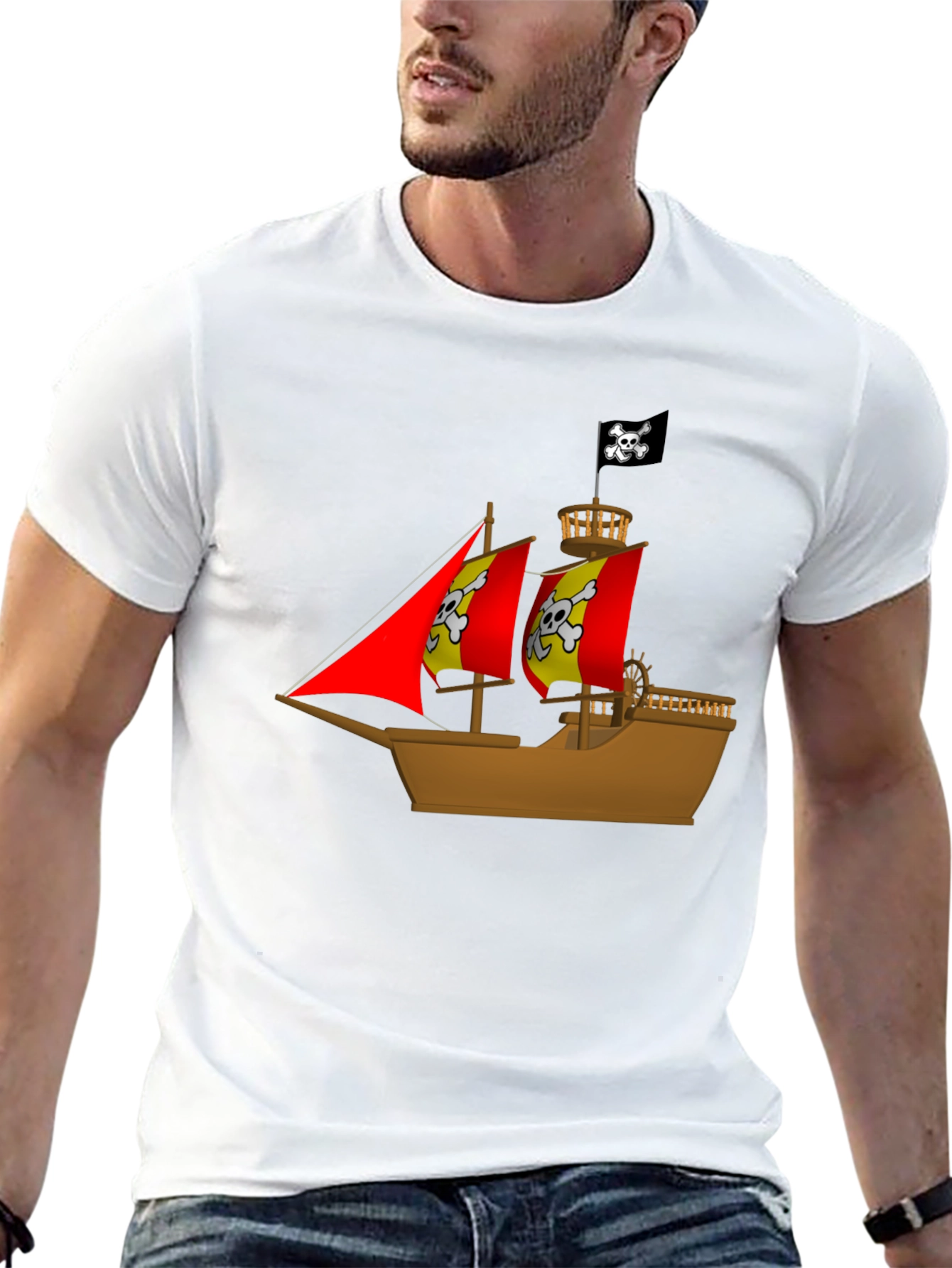 Pirate Ship Graphic T-Shirt - Black Cotton Tee