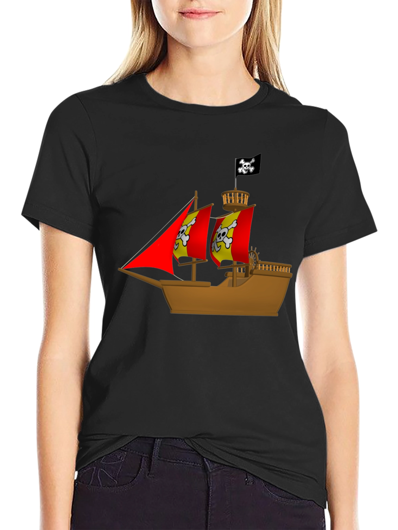 Pirate Ship Graphic T-Shirt - Black Cotton Tee