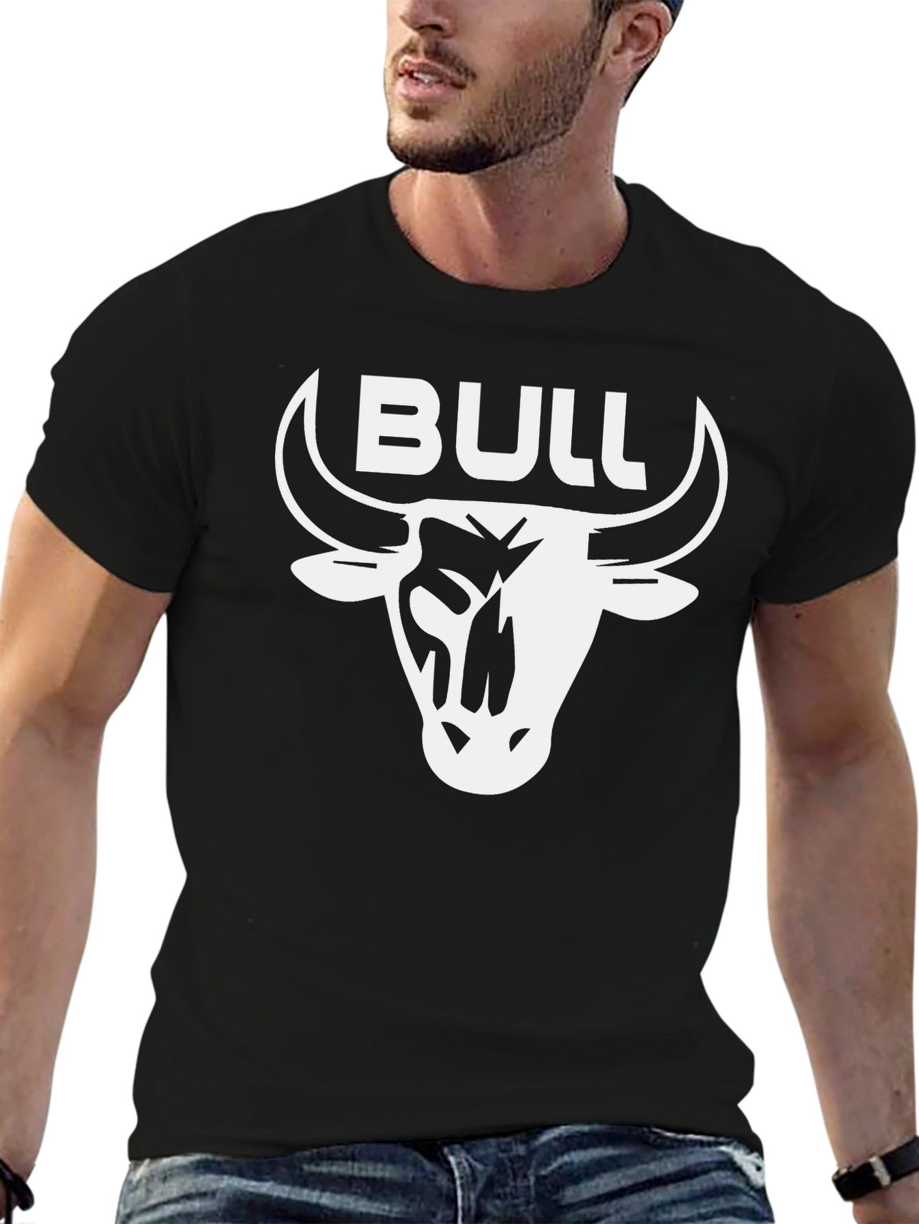 Bull T-Shirt - Black Crew Neck with White Graphic