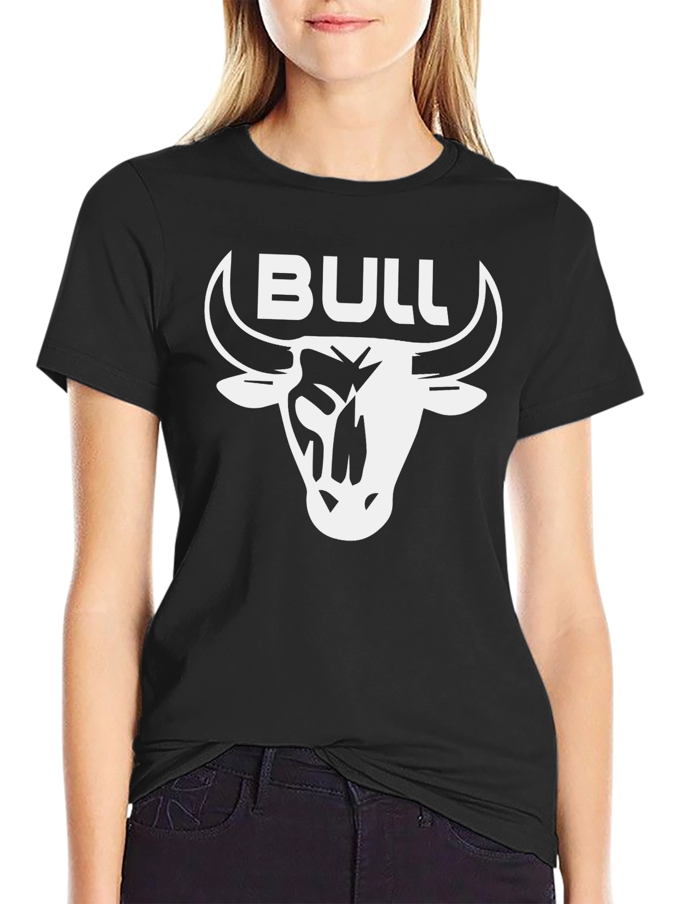 Bull T-Shirt - Black Crew Neck with White Graphic