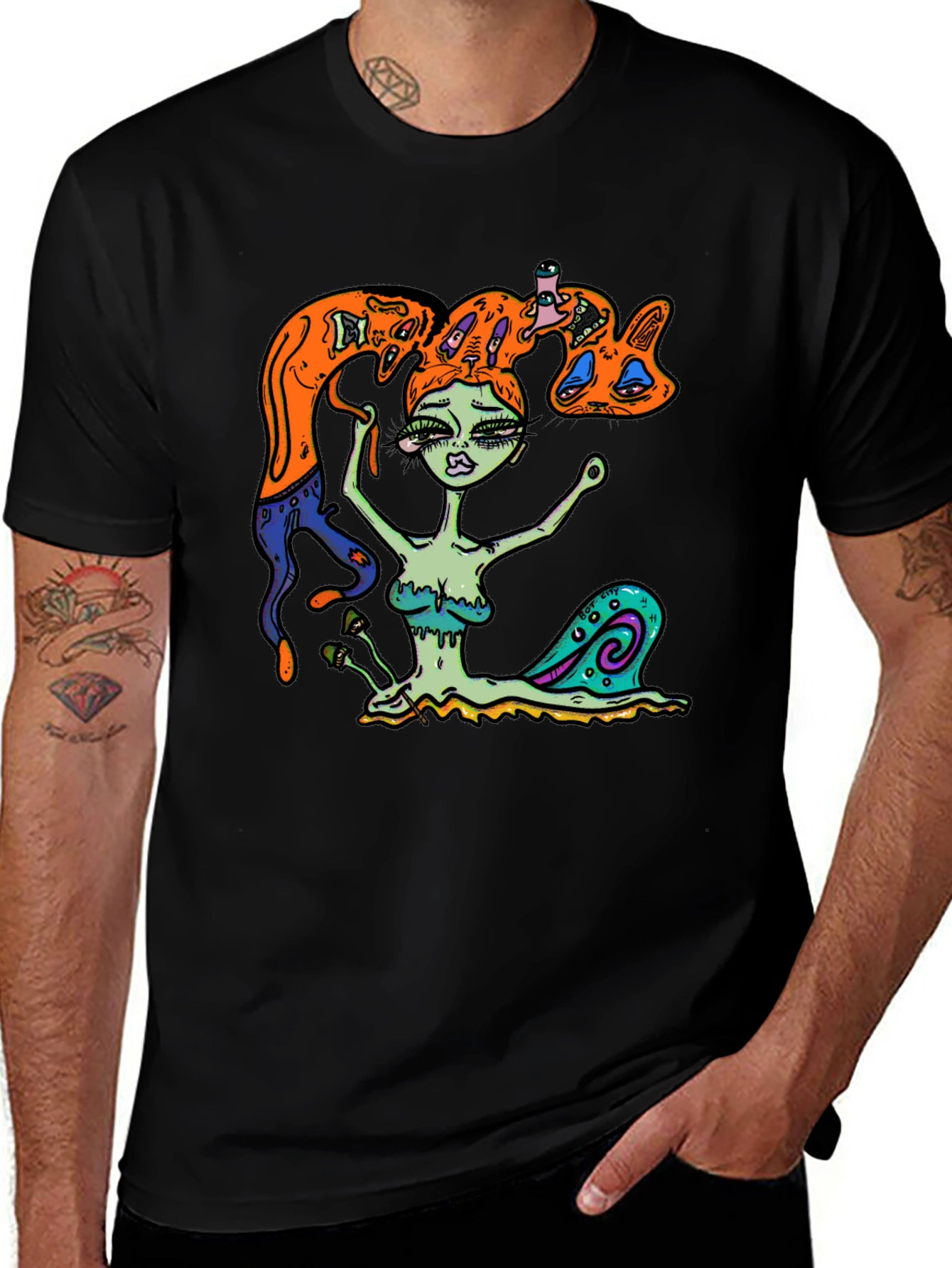 Surreal Snail Girl Graphic Tee - Black Cotton T-Shirt