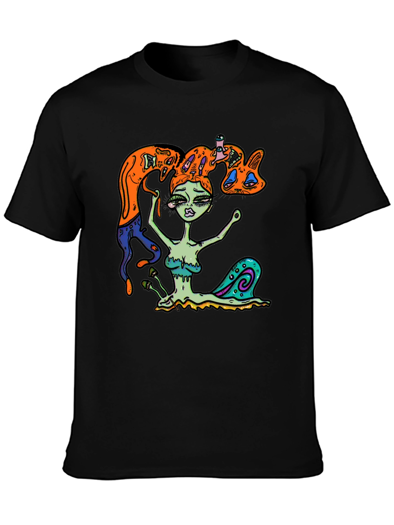 Surreal Snail Girl Graphic Tee - Black Cotton T-Shirt