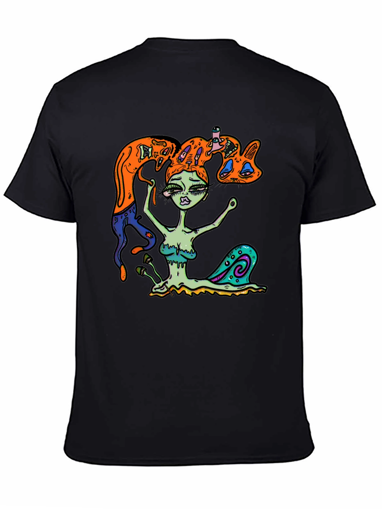 Surreal Snail Girl Graphic Tee - Black Cotton T-Shirt