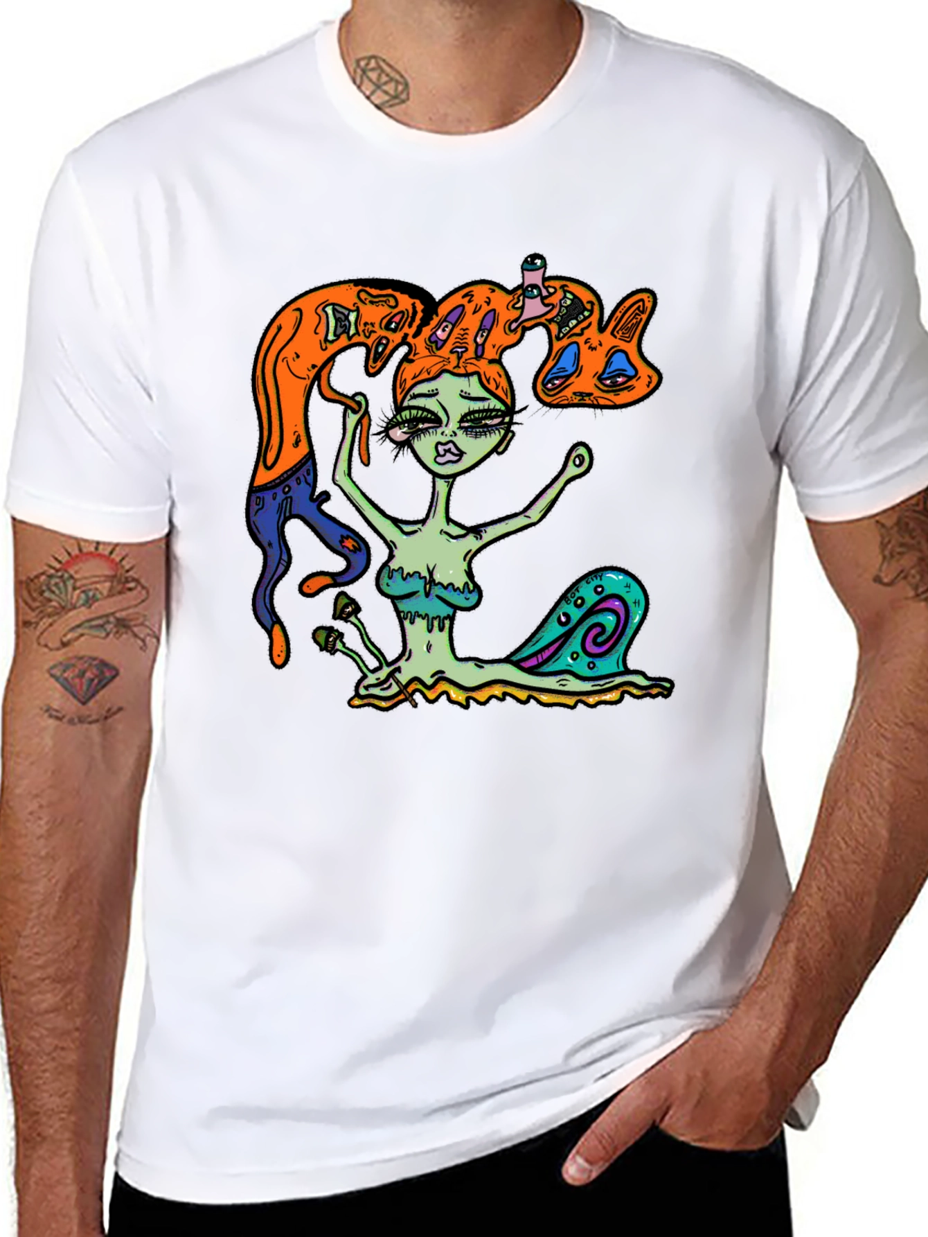 Surreal Snail Girl Graphic Tee - Black Cotton T-Shirt