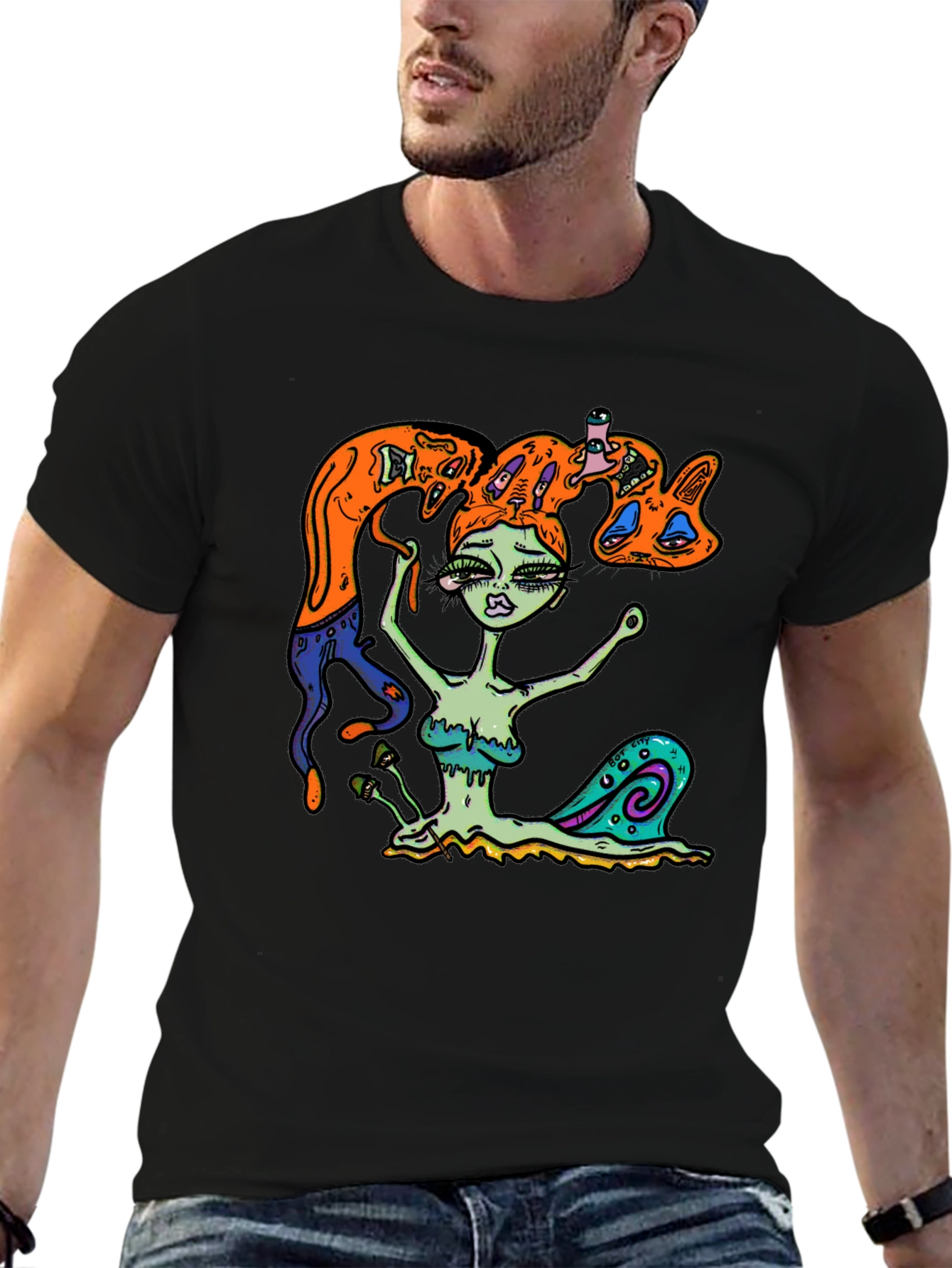 Surreal Snail Girl Graphic Tee - Black Cotton T-Shirt