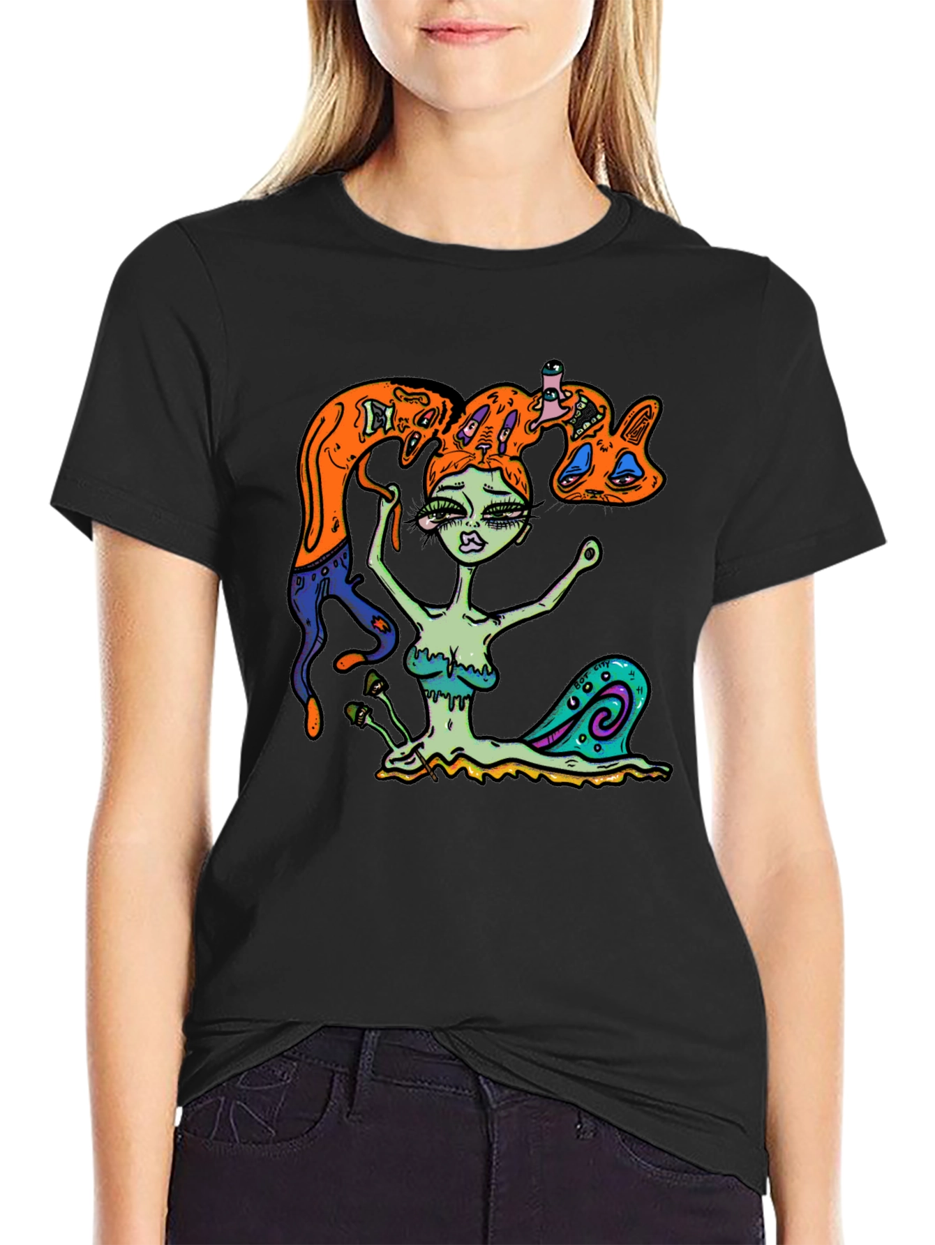 Surreal Snail Girl Graphic Tee - Black Cotton T-Shirt