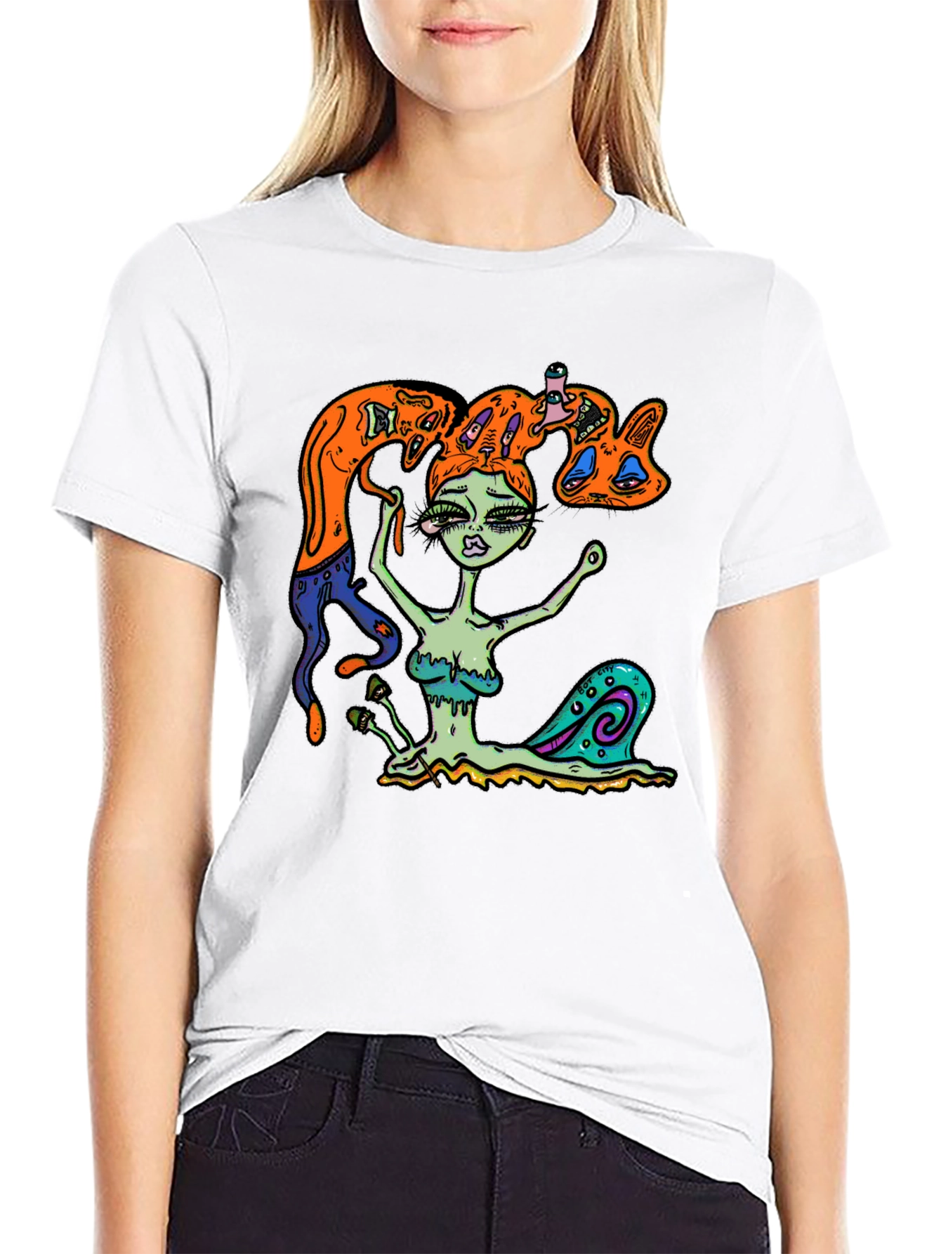 Surreal Snail Girl Graphic Tee - Black Cotton T-Shirt