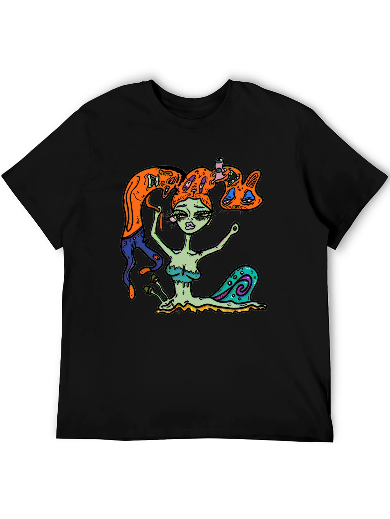Surreal Snail Girl Graphic Tee - Black Cotton T-Shirt