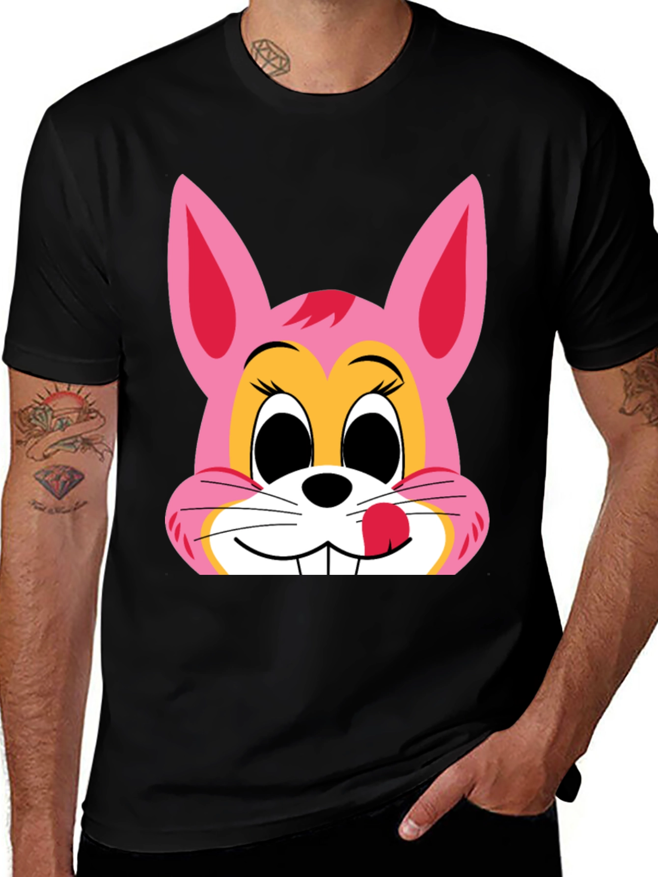 Cute Bunny Graphic Tee - Black Cotton T-Shirt