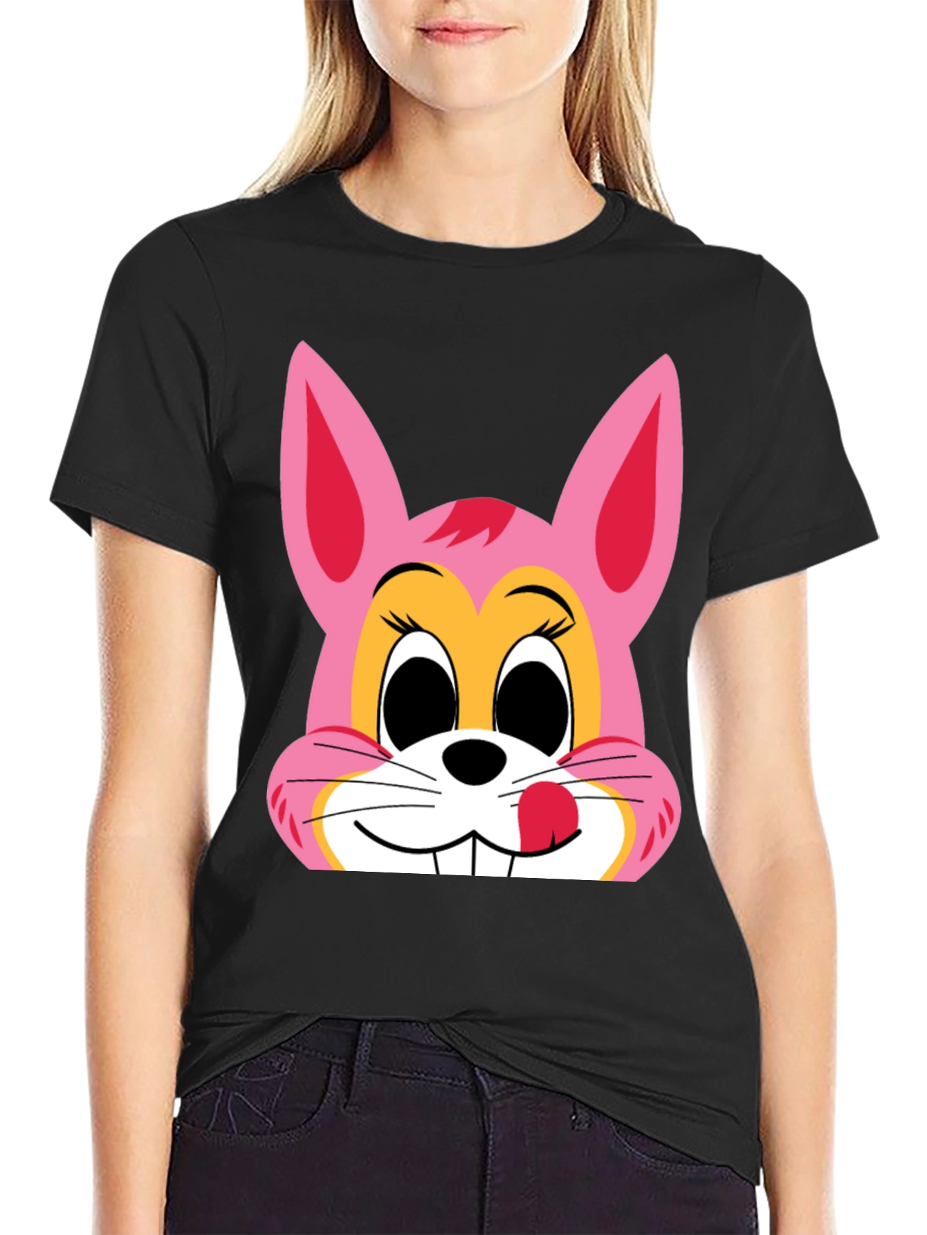 Cute Bunny Graphic Tee - Black Cotton T-Shirt