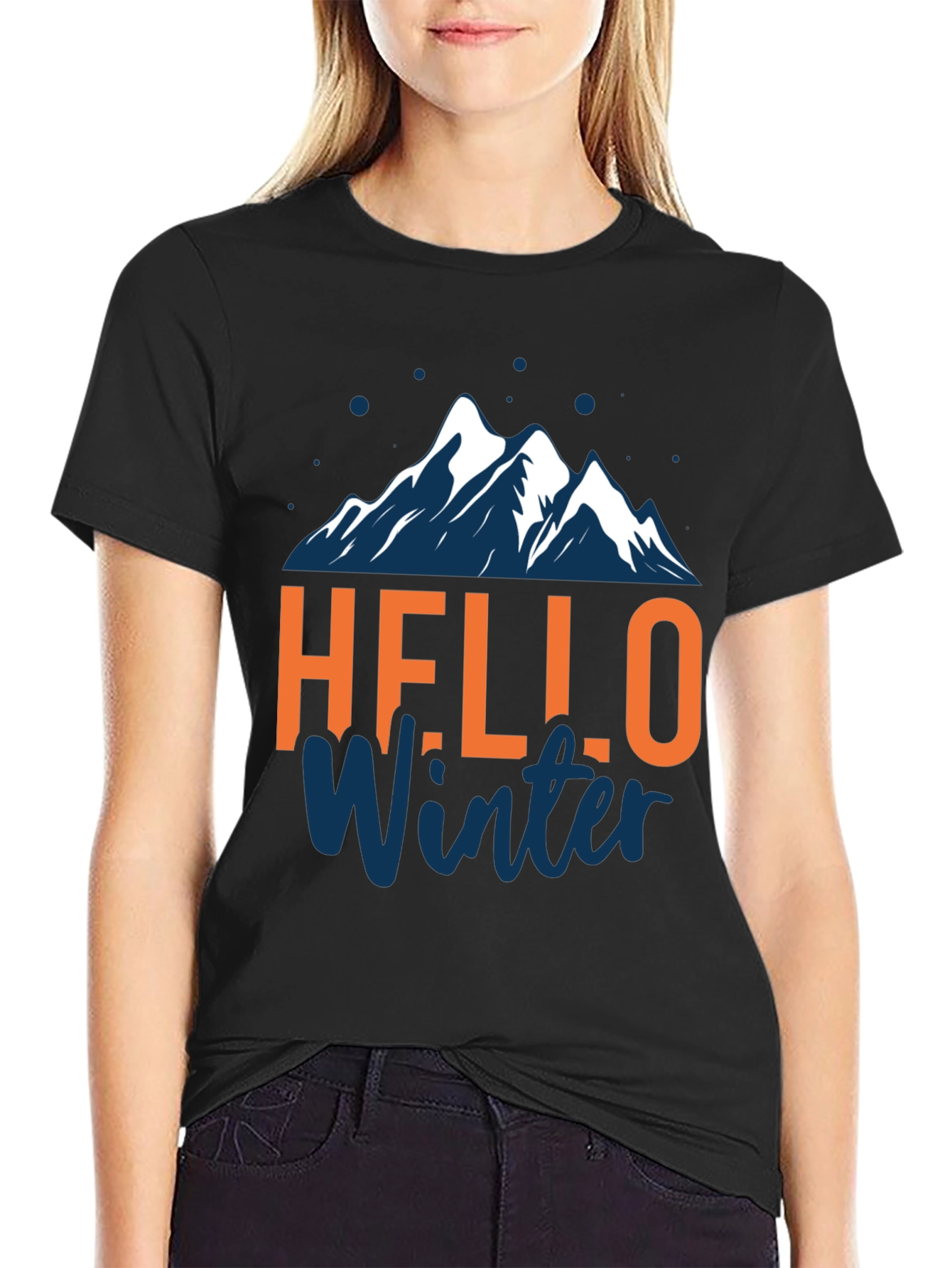 Hello Winter Graphic Tee - Mountain Design Black T-Shirt