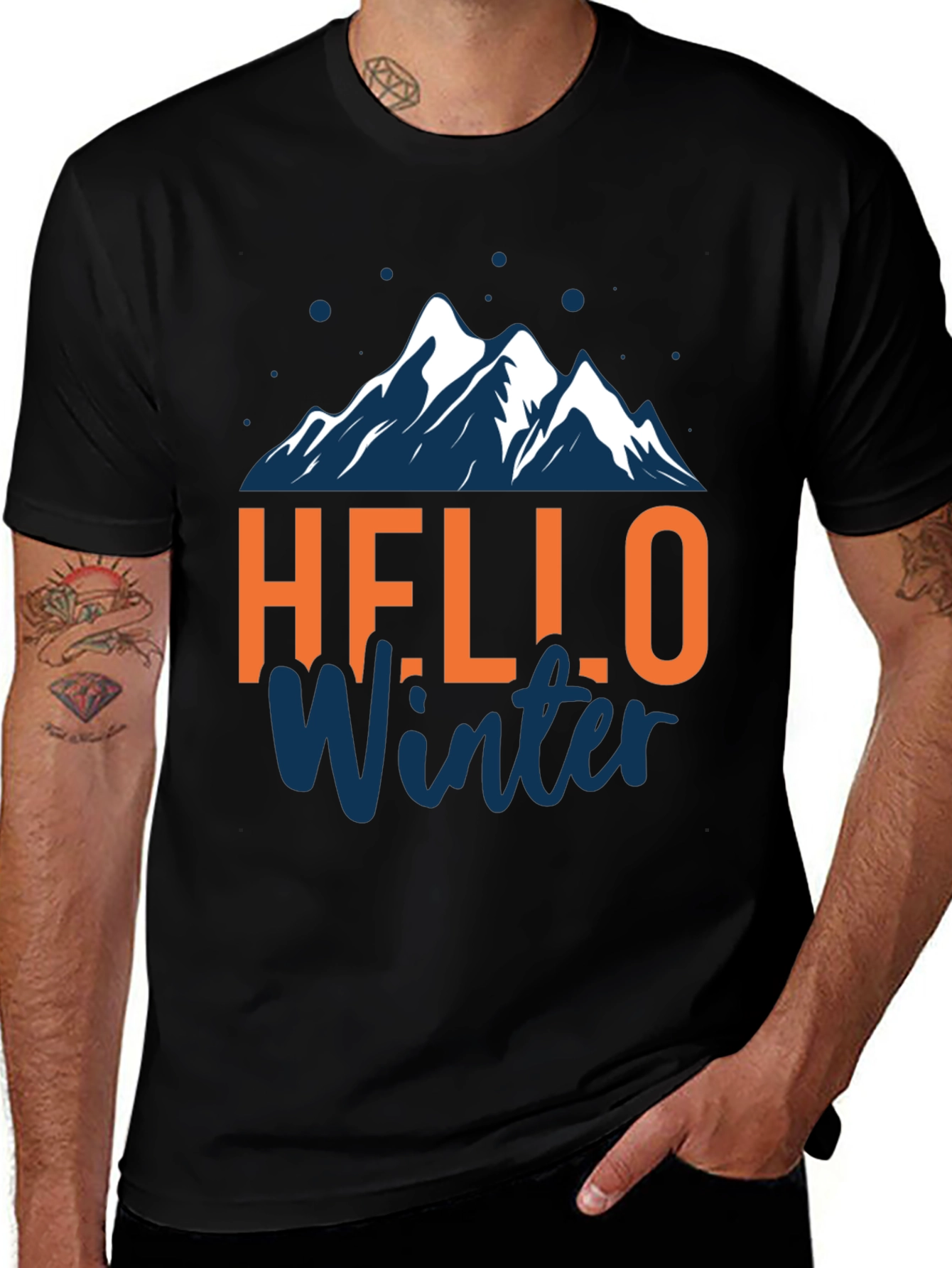 Hello Winter Graphic Tee - Mountain Design Black T-Shirt