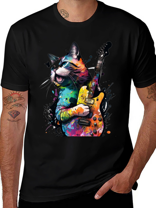 Cat Guitarist Graphic Tee - Colorful Music Lover Shirt