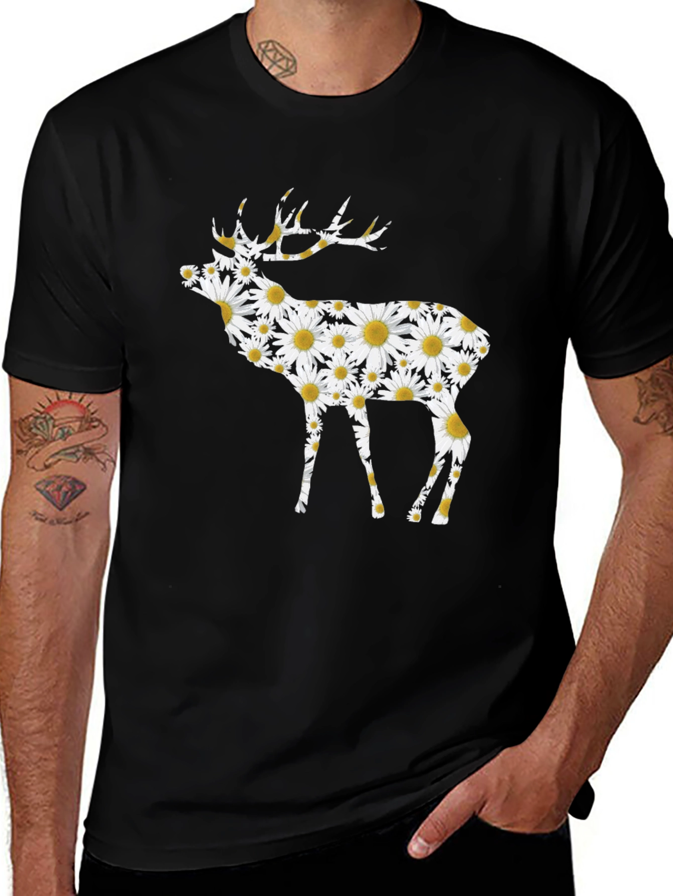 Floral Deer Graphic Tee - Black Cotton T-Shirt