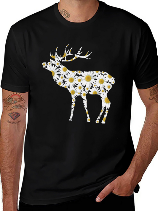Floral Deer Graphic Tee - Black Cotton T-Shirt