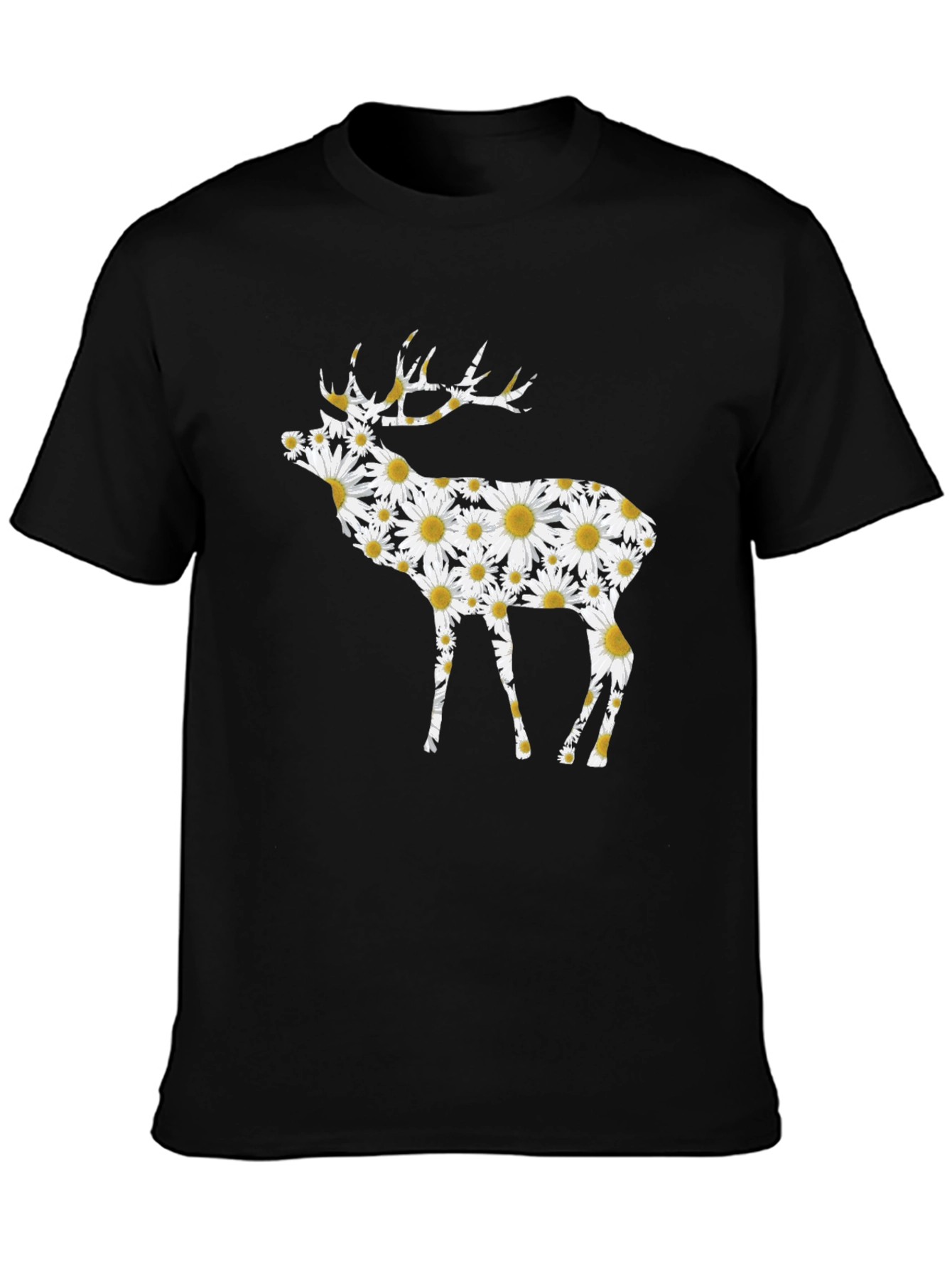 Floral Deer Graphic Tee - Black Cotton T-Shirt