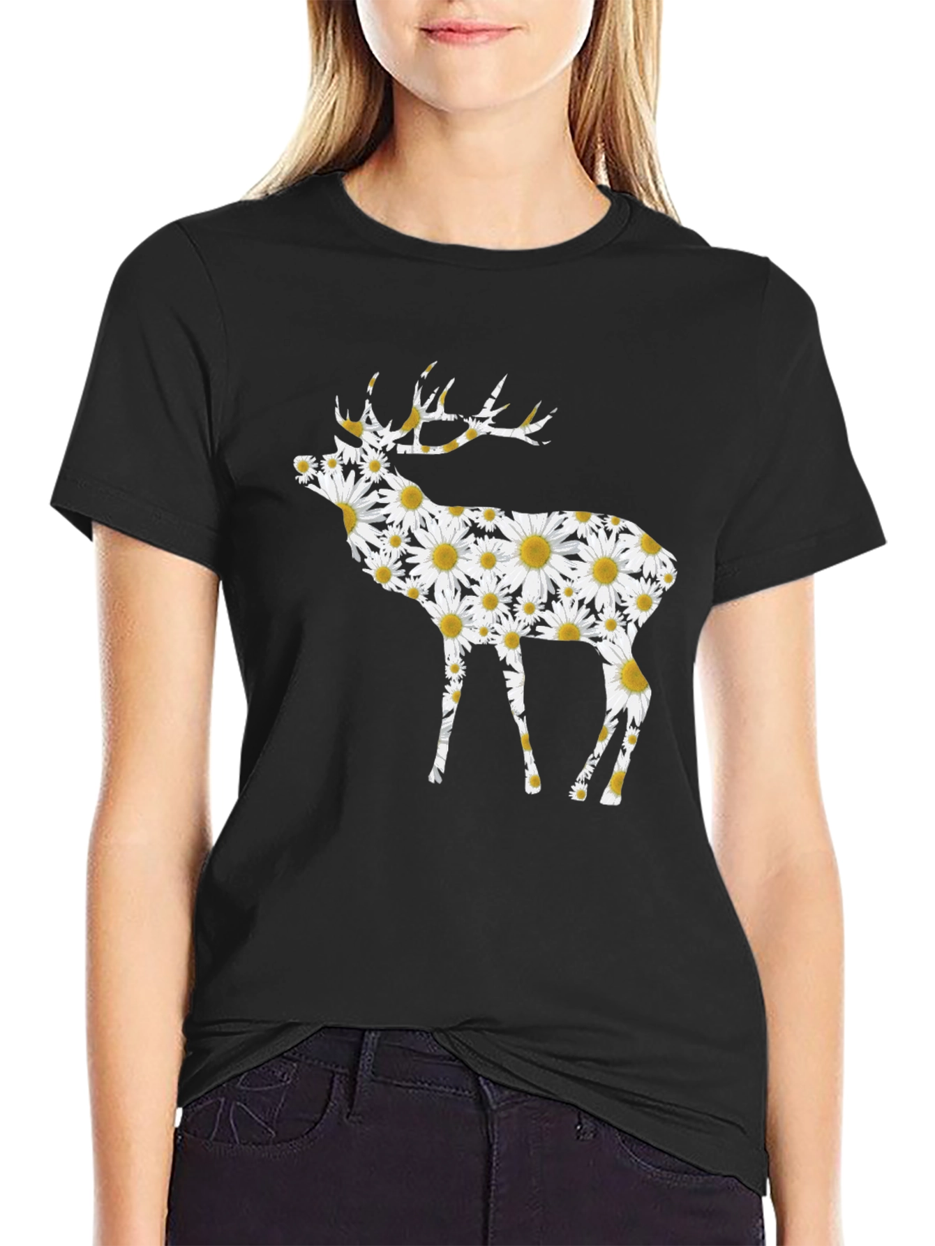 Floral Deer Graphic Tee - Black Cotton T-Shirt