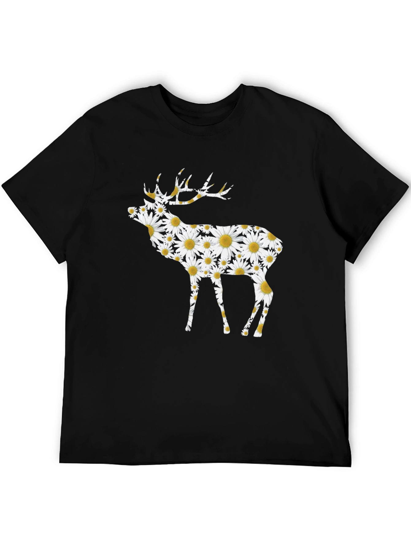 Floral Deer Graphic Tee - Black Cotton T-Shirt