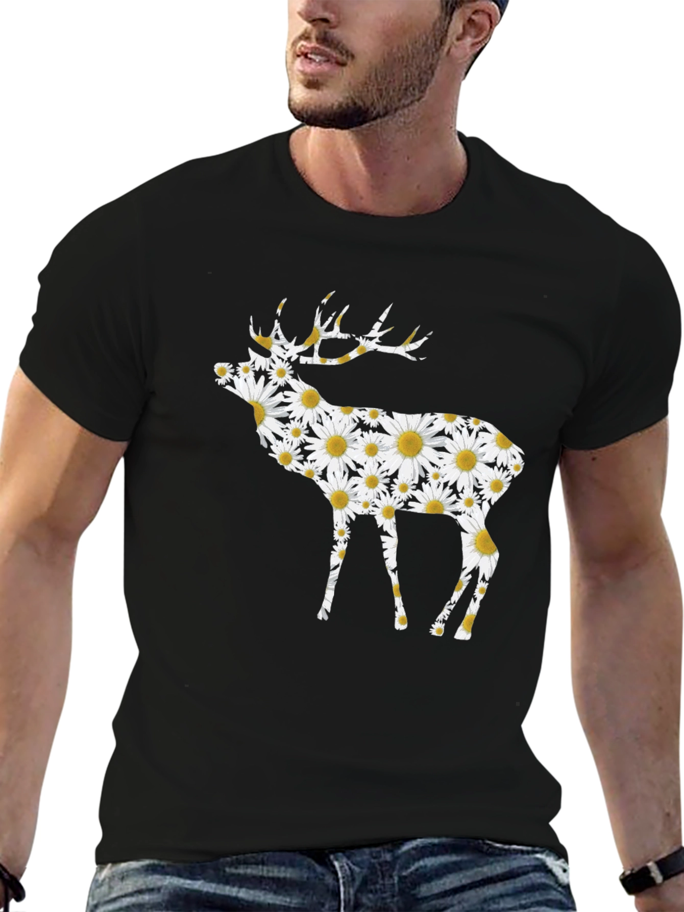 Floral Deer Graphic Tee - Black Cotton T-Shirt