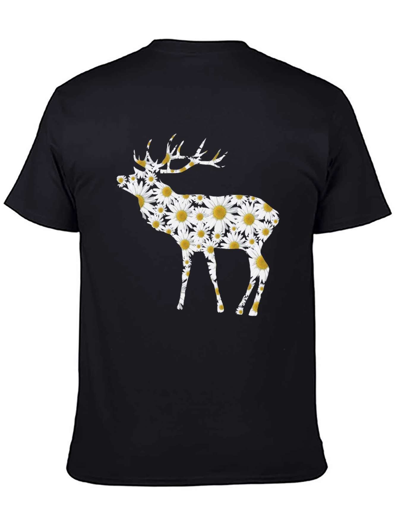 Floral Deer Graphic Tee - Black Cotton T-Shirt
