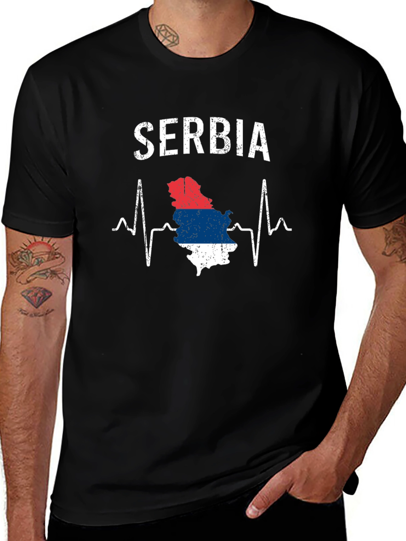 Serbia Heartbeat Flag Graphic Tee - Black