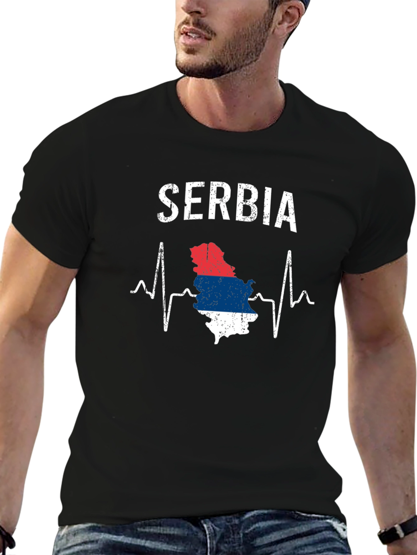 Serbia Heartbeat Flag Graphic Tee - Black